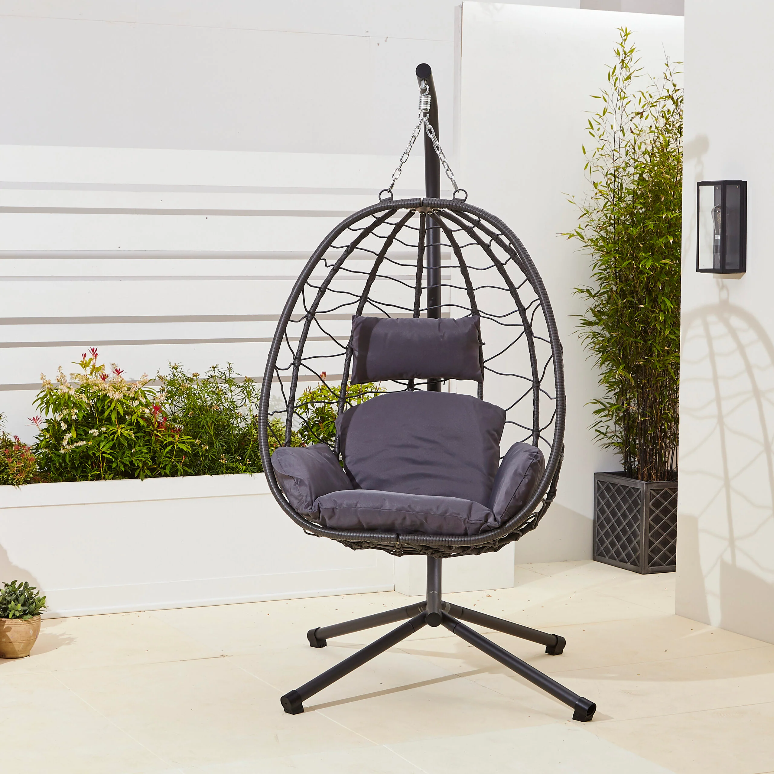 Neo Grey Garden Swing Hanging Egg Chair With Cushions