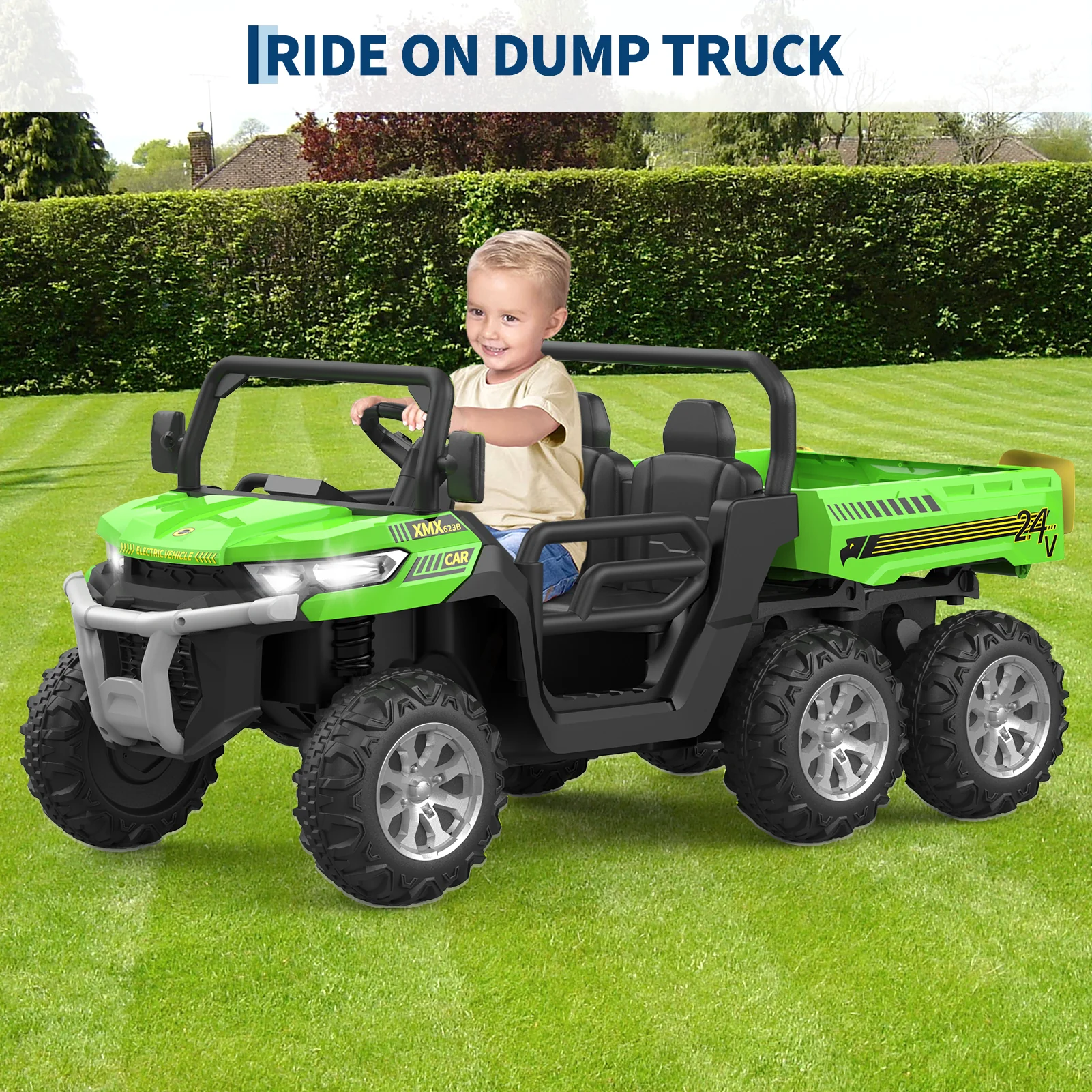 Garvee 2-Seater 6x6 Ride-On Dump Truck: 24V, Remote Control, Battery Powered UTV,Tires, 6-Wheeler, for 3 years and up - Green