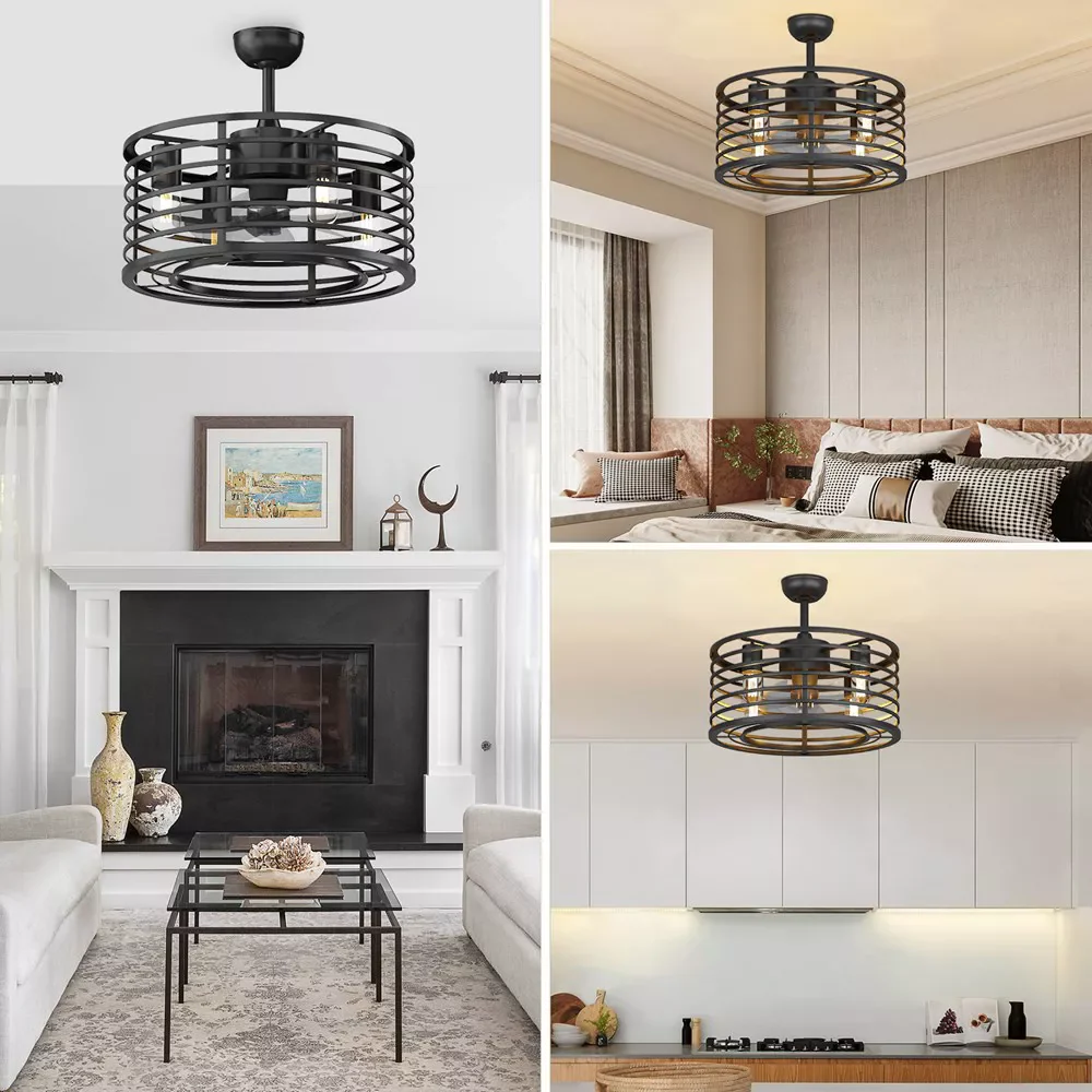 Garvee 18in Black Caged Ceiling Fan With Light, Ceiling Fan Low Profile th Remote Control and Reversible Fan Blades, Industrial Farmhouse Fan Lights Ceiling Fixtures For Kitchen Bedroom, Black