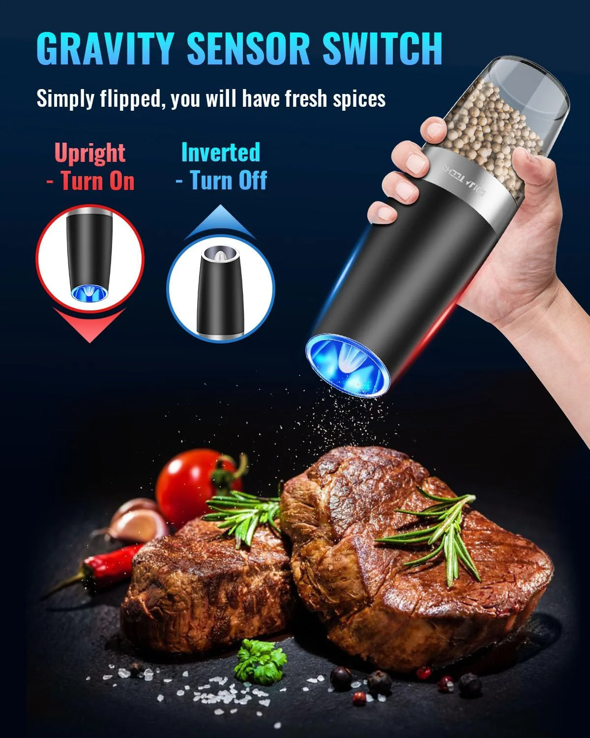 Electric Salt & Pepper Grinder Set, Adjustable Coarseness, LED, One-Hand Use, Stainless Steel 2-Pack