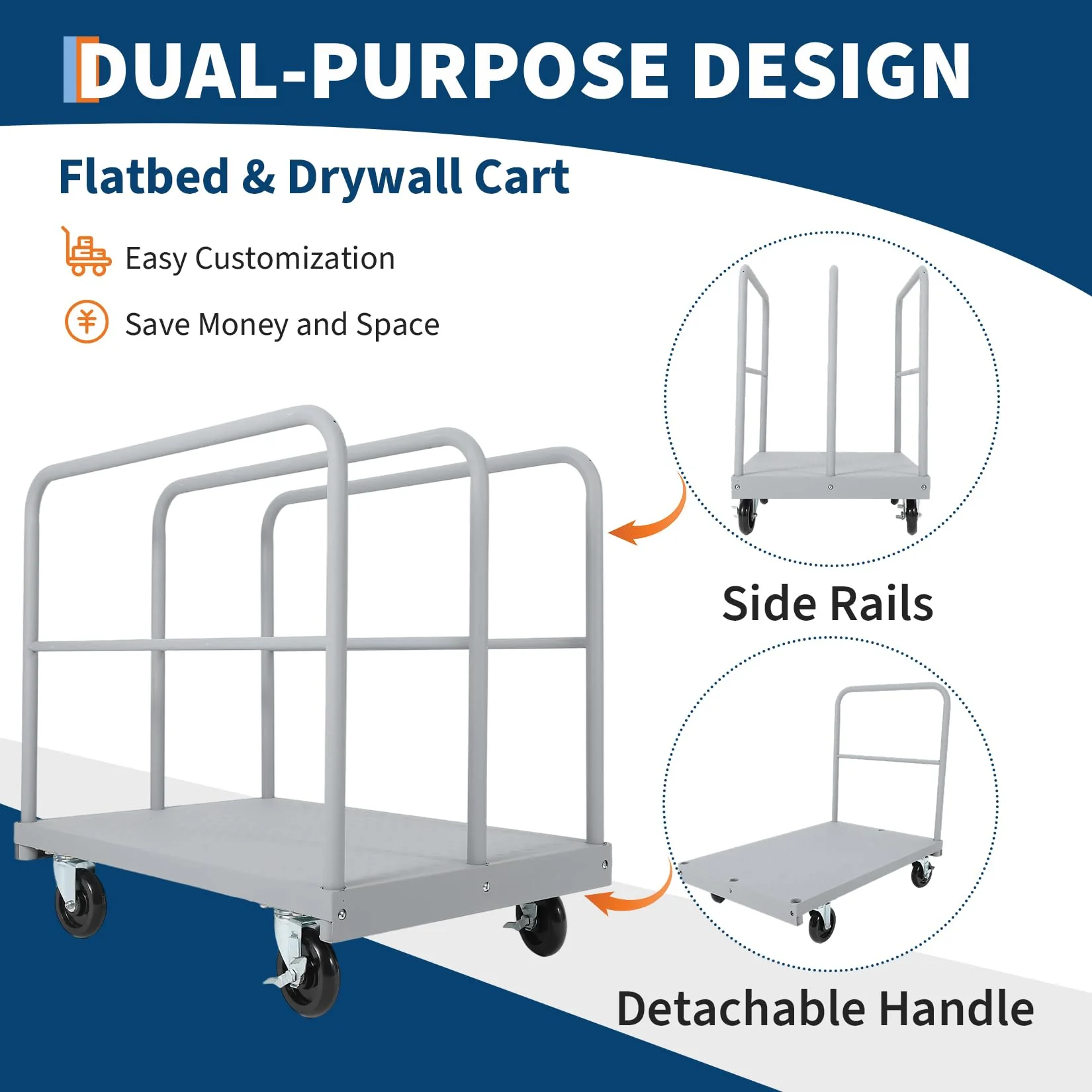 Garvee 2 in 1 Steel Panel Truck Cart 2200 LBS Capacity Heavy Duty Flatbed with Removable Side Handrails 360° Swivel Wheels Steel Industrial Warehouse Use