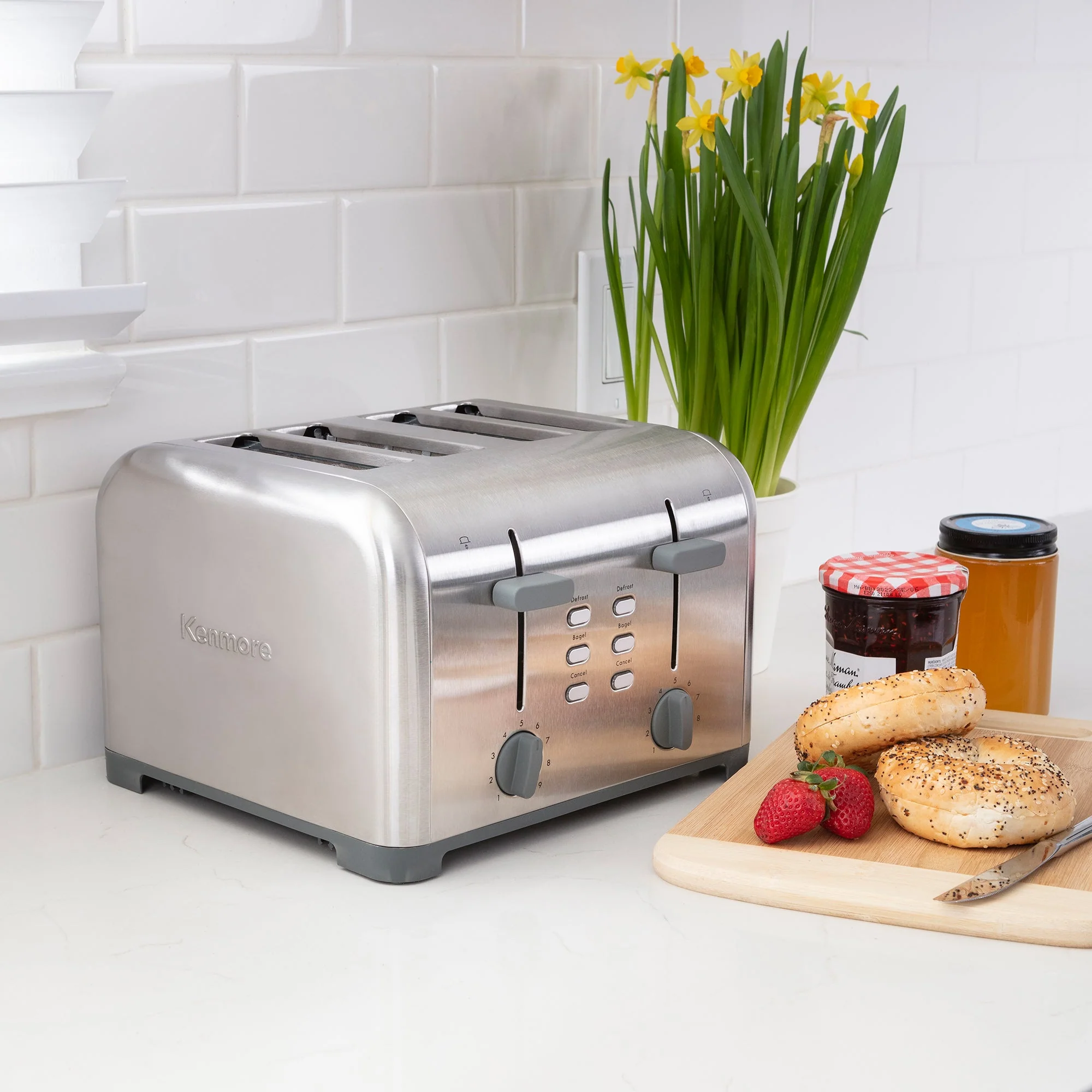 Kenmore 4-Slice Toaster, Stainless Steel, Dual Controls, Extra Wide Slots, Bagel and Defrost Functions, 9 Browning Levels, Removable Crumb Trays, for Bread, Toast, English Muffin, Toaster Strudel
