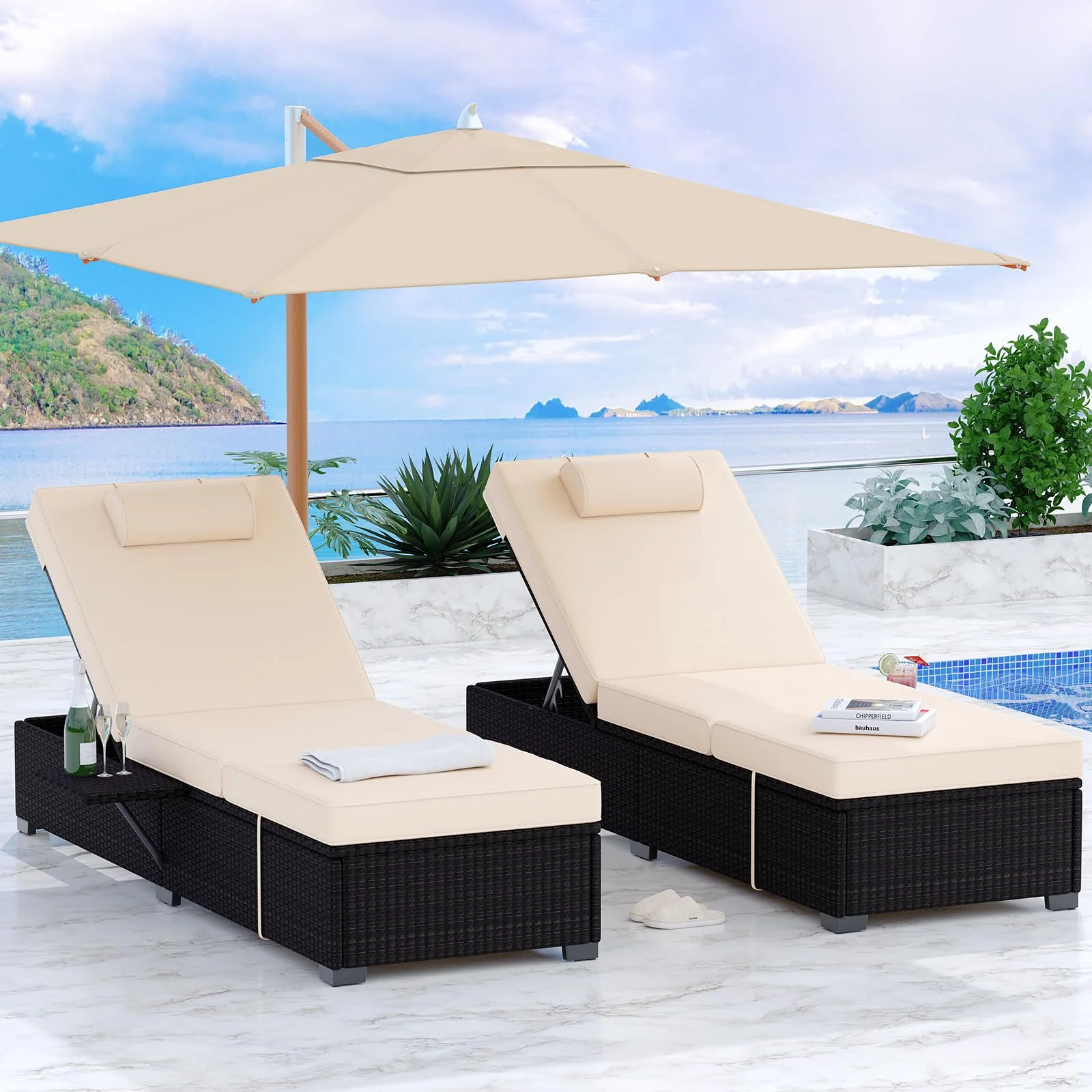 Garvee 2-Piece Outdoor Chaise Lounge Set PE Rattan Recliners with Adjustable Backrest, Side Table & Plush Earth Gray Cushions, All-Weather Steel Frame