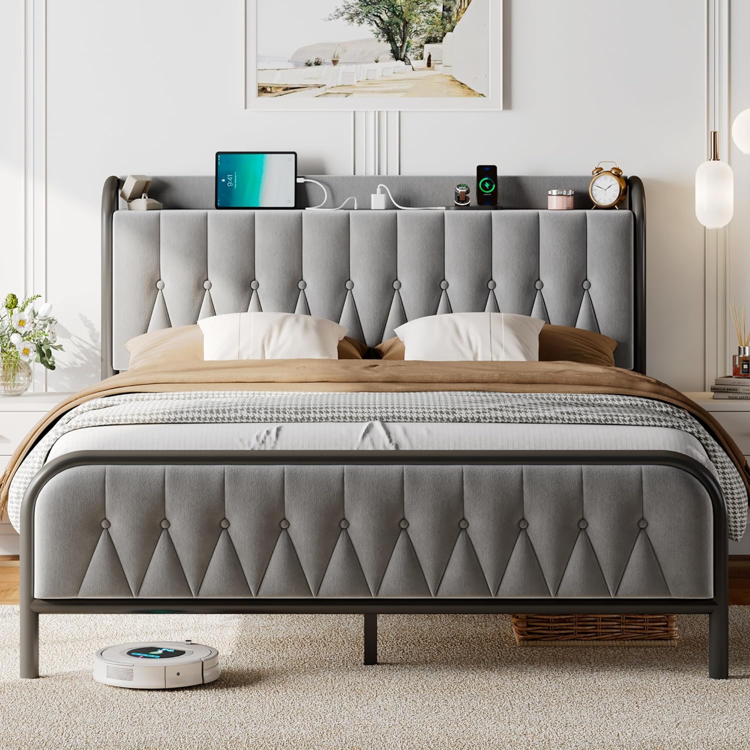 Bed Frame with Type-C & USB Port, Metal Platform Beds, with Linen Upholstered Headboard & Footboard, 12