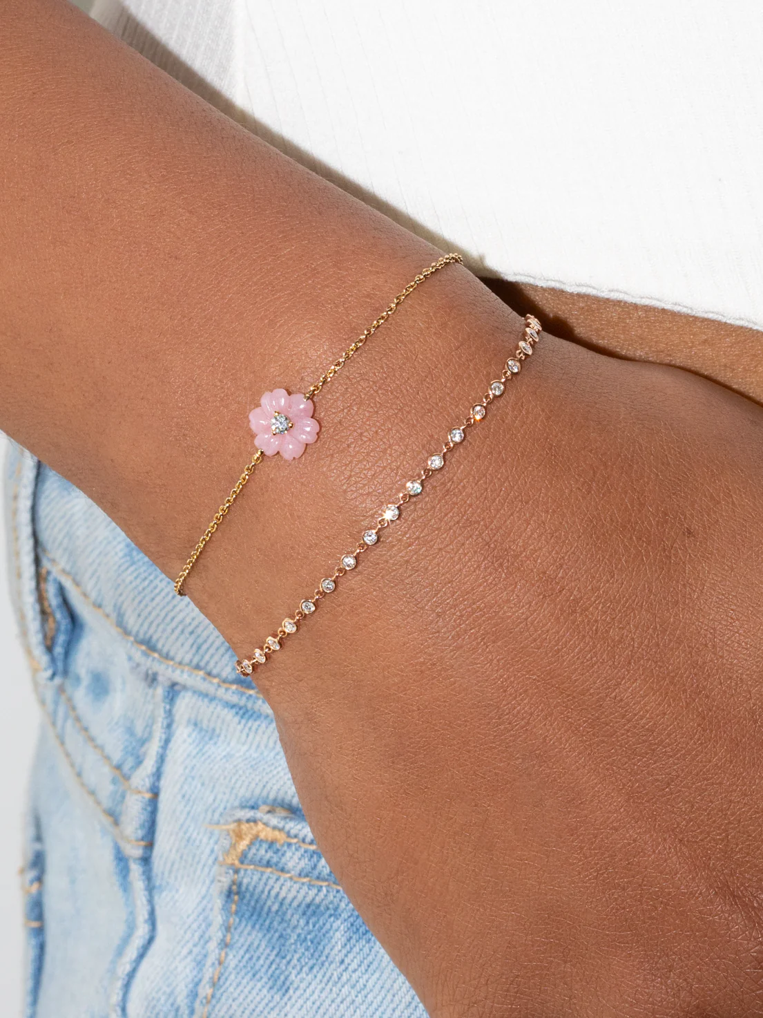 Hand Carved Flower Bracelet - White Diamond and Pink Opal / 14k Yellow Gold
