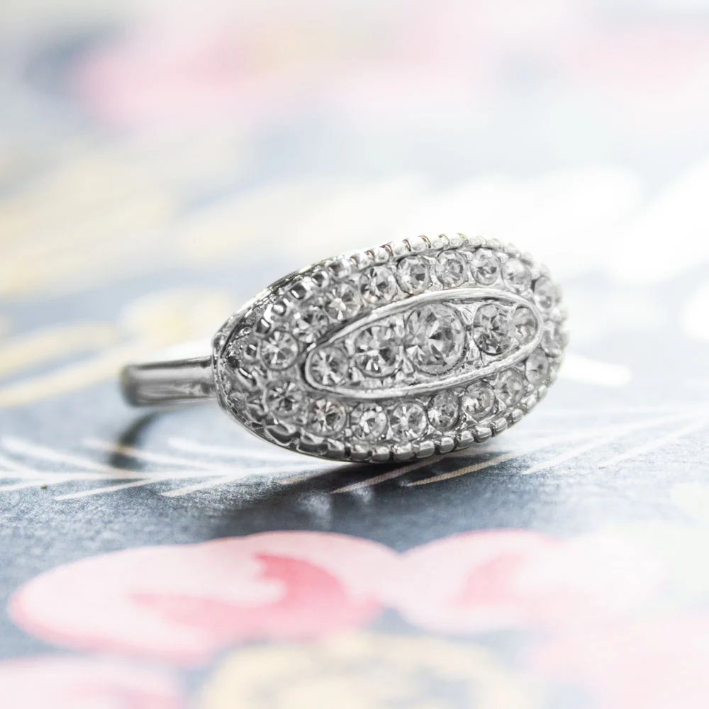 Vintage Clear Crystal Pave Ring in White 18kt Gold Electroplated Setting Made in the USA