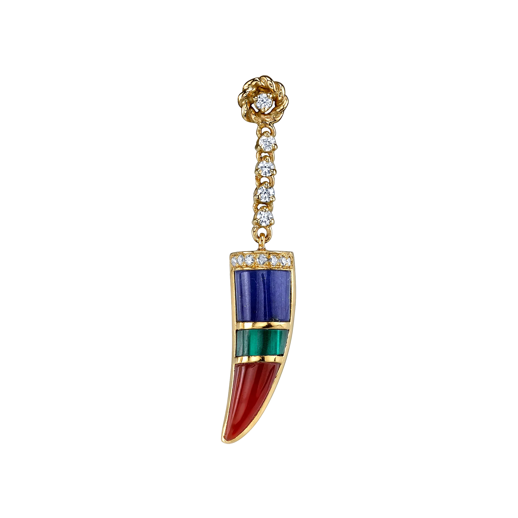 Stone Horn Earring - Carnelian, Lapis and Malachite / 14k Yellow Gold
