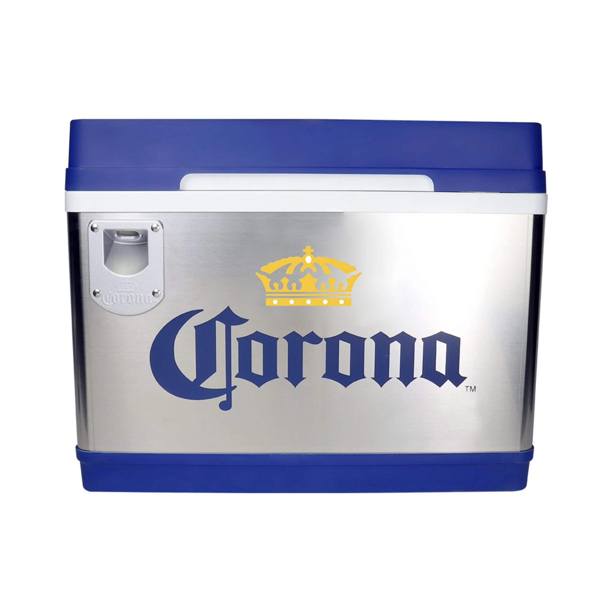 Corona Cruiser Thermoelectric Iceless 12V Cooler w/ Bottle Opener, 42L (44 qt), 24 Bottle Capacity Portable Car Fridge, 12 Volt DC and 110 Volt AC Cords, Silver and Blue, Cottage, Beach, RV, BBQ