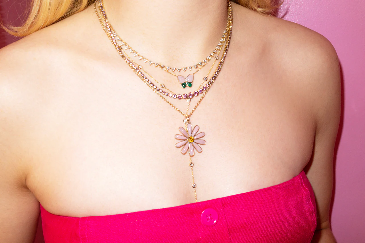 Super Arrow Flower Necklace - Pink Opal / 14k Yellow Gold