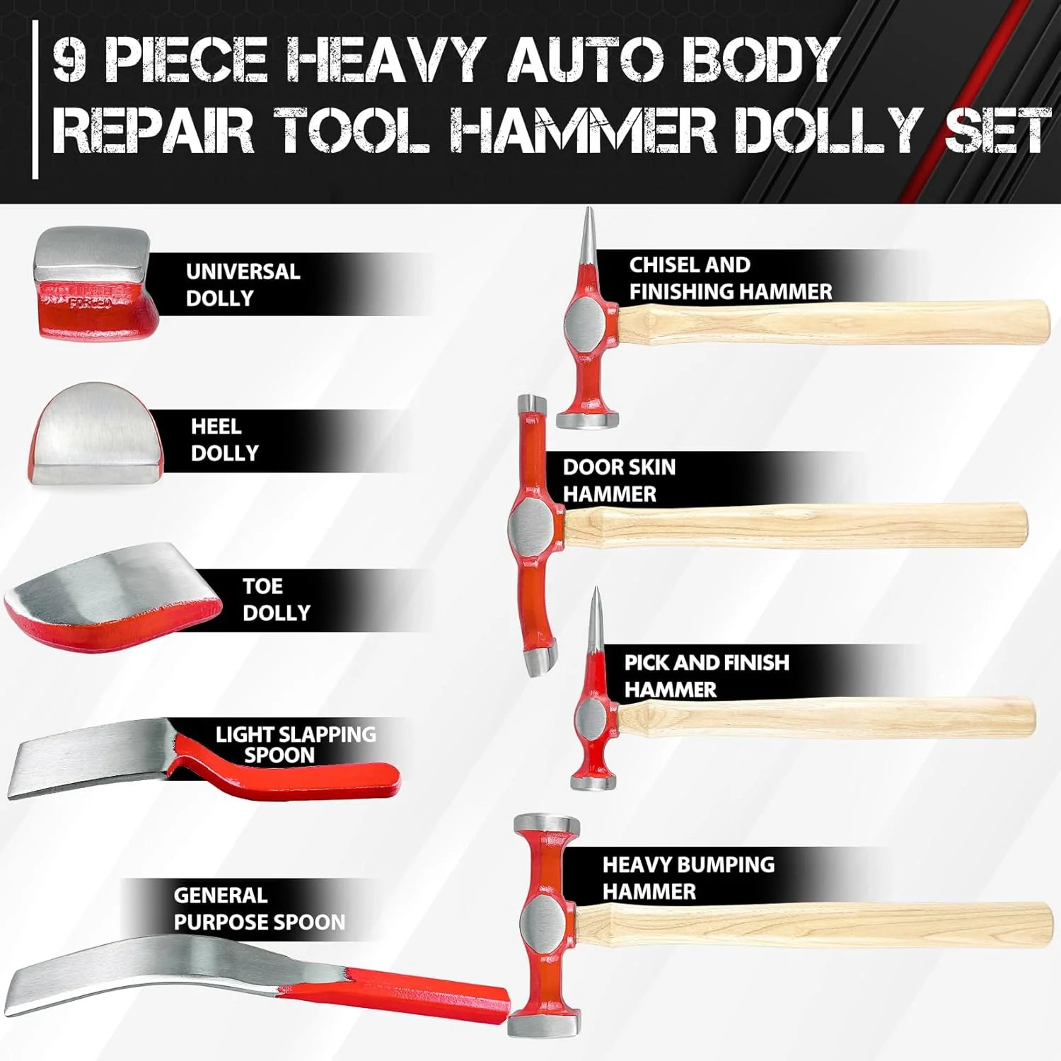 9-Piece Heavy-Duty Auto Body Repair Hammer & Dolly Set with Carrying Case