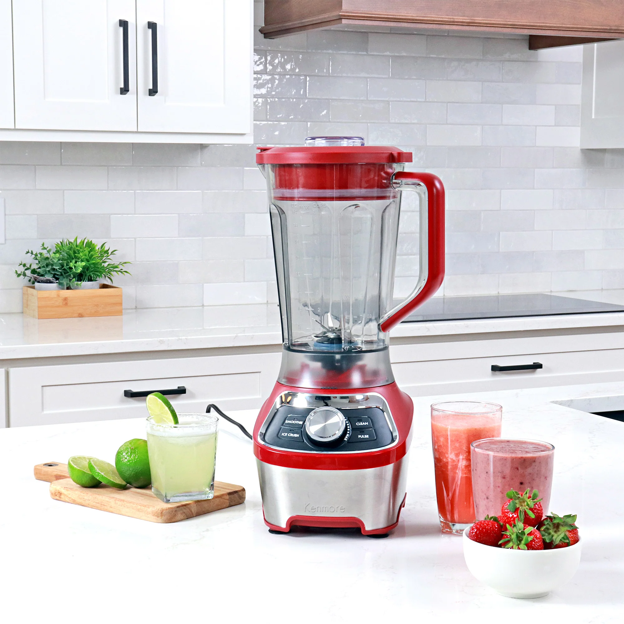 Kenmore Stand Blender, 1200W Motor, Programmed Smoothie, Ice Crushing and Self Clean Modes, Variable Speed Kitchen Blender, 64 oz (8-cup) Tritan Pitcher, Dishwasher-Safe, Stainless Steel and Red