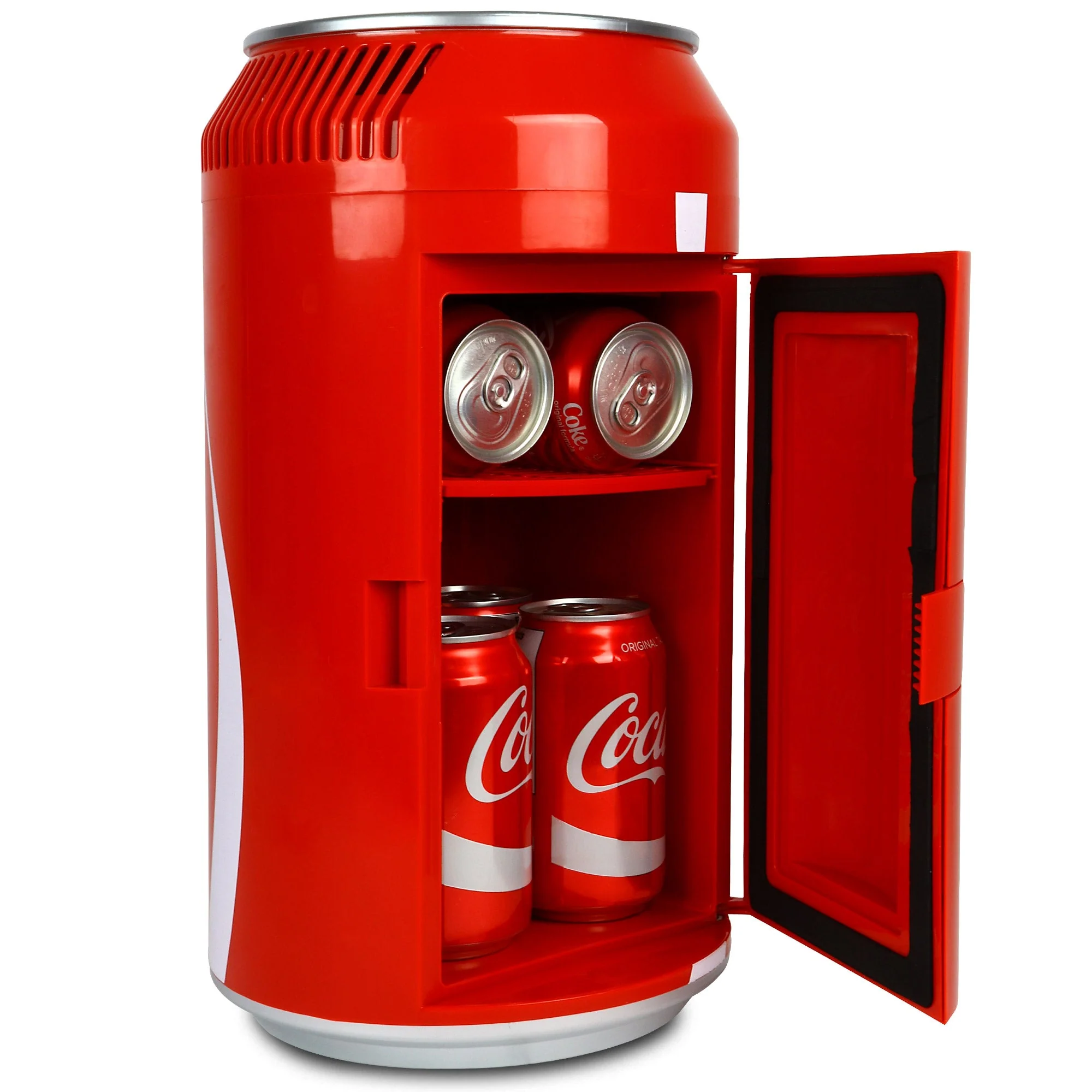 Coca-Cola 8 Can Portable Mini Fridge w/ 12V DC and 110V AC Cords, 5.4L (5.7 qt) Can Shaped Personal Cooler, Red, Travel Fridge for Drinks, Snacks, Lunch, Home, Office, Dorm Room, RV