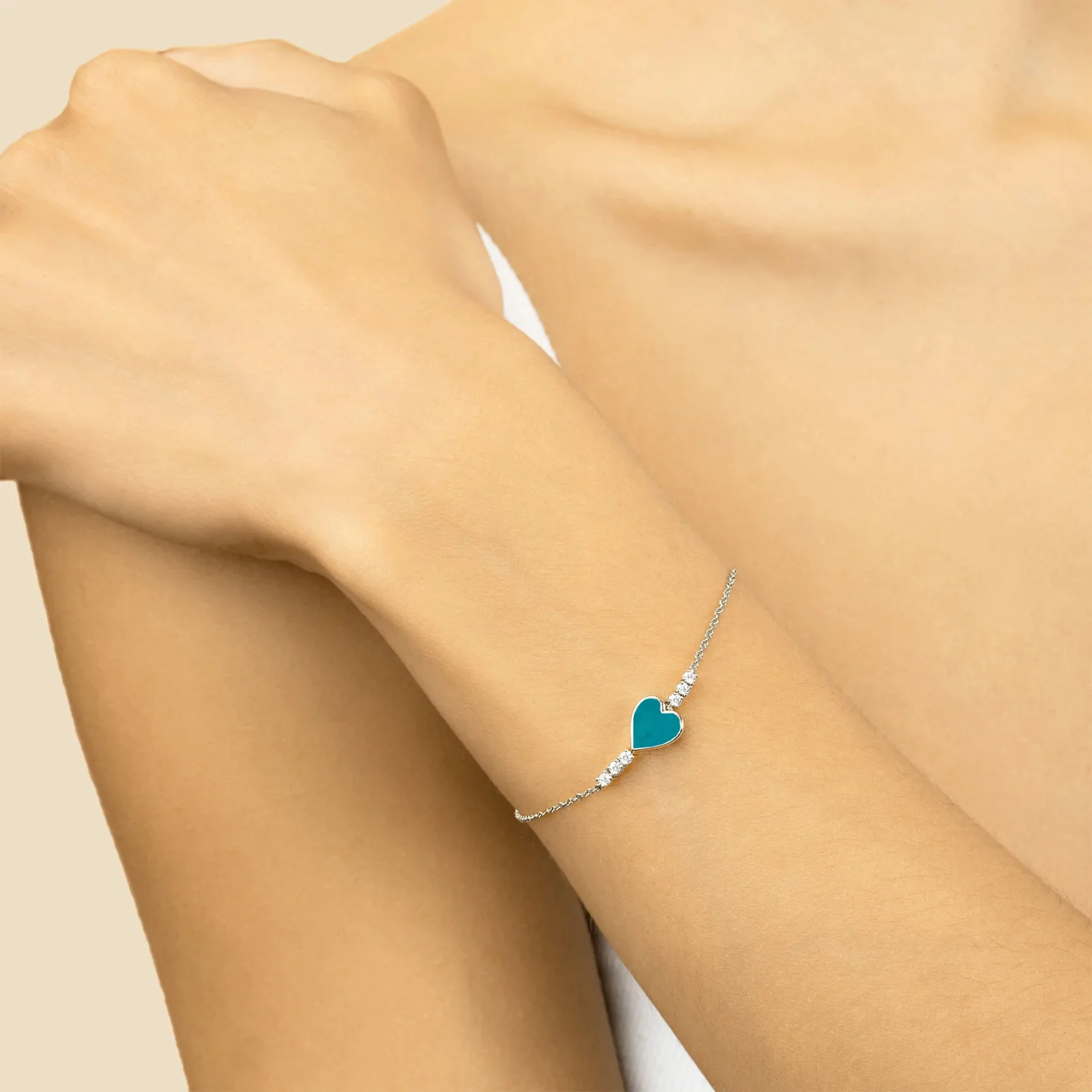 Heart Bracelet - White Diamond and Turquoise / 14k White Gold