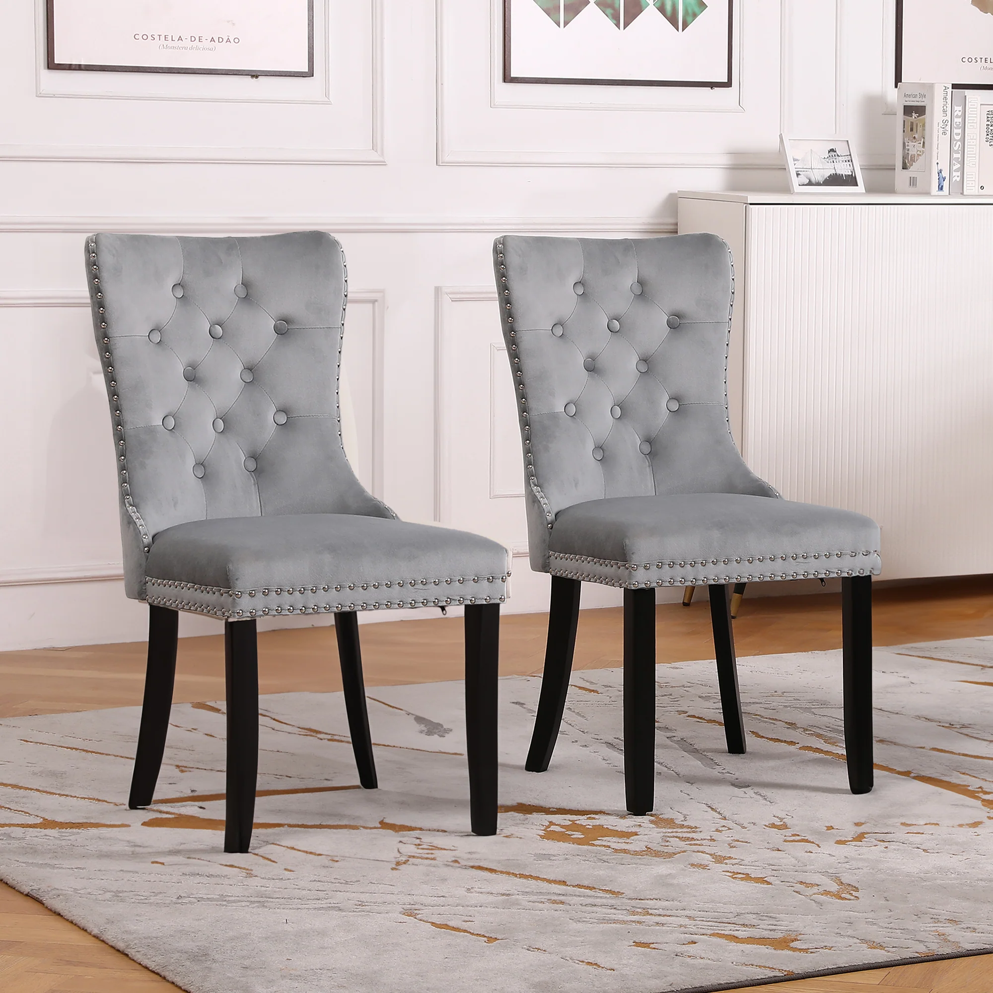 Neo Set Of Two Grey Studded Velvet Dining Table Chairs with Ring Knocker