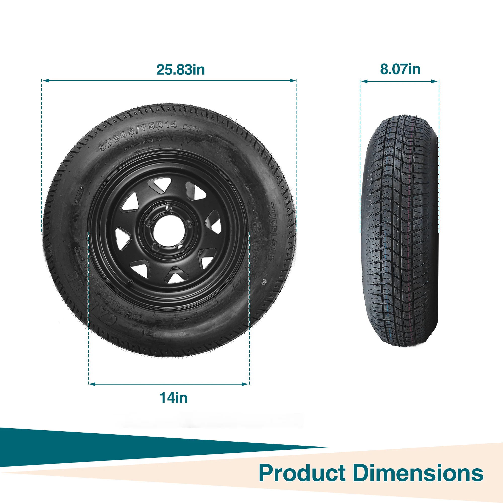 Garvee 2-Pack Trailer Tire On Rim ST205/75D14 14In Black 5 Lug 4.5