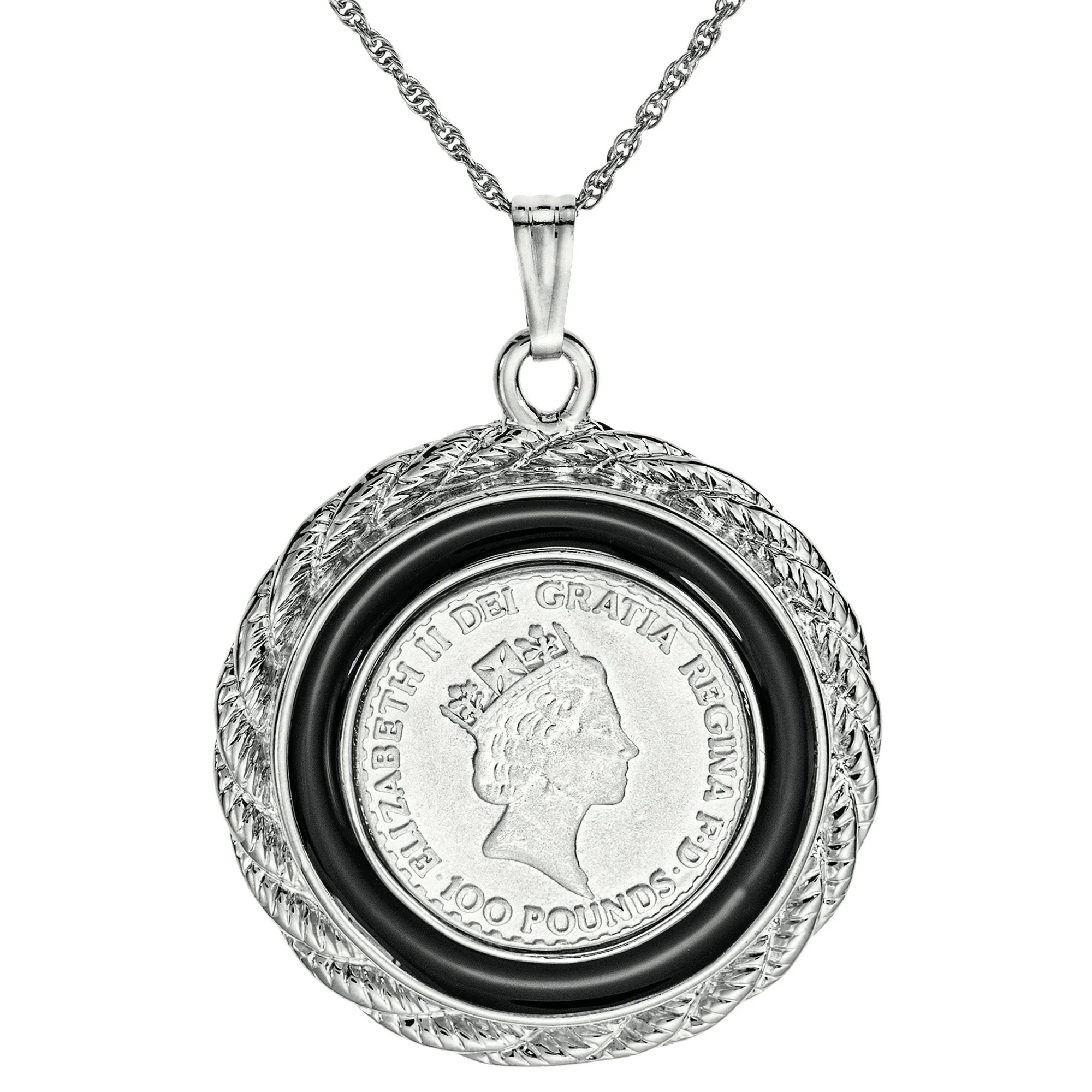Vintage Queen Elizabeth II 100 Pound Coin Money Pendant Necklace Antique 18k White Gold Silver N785-W