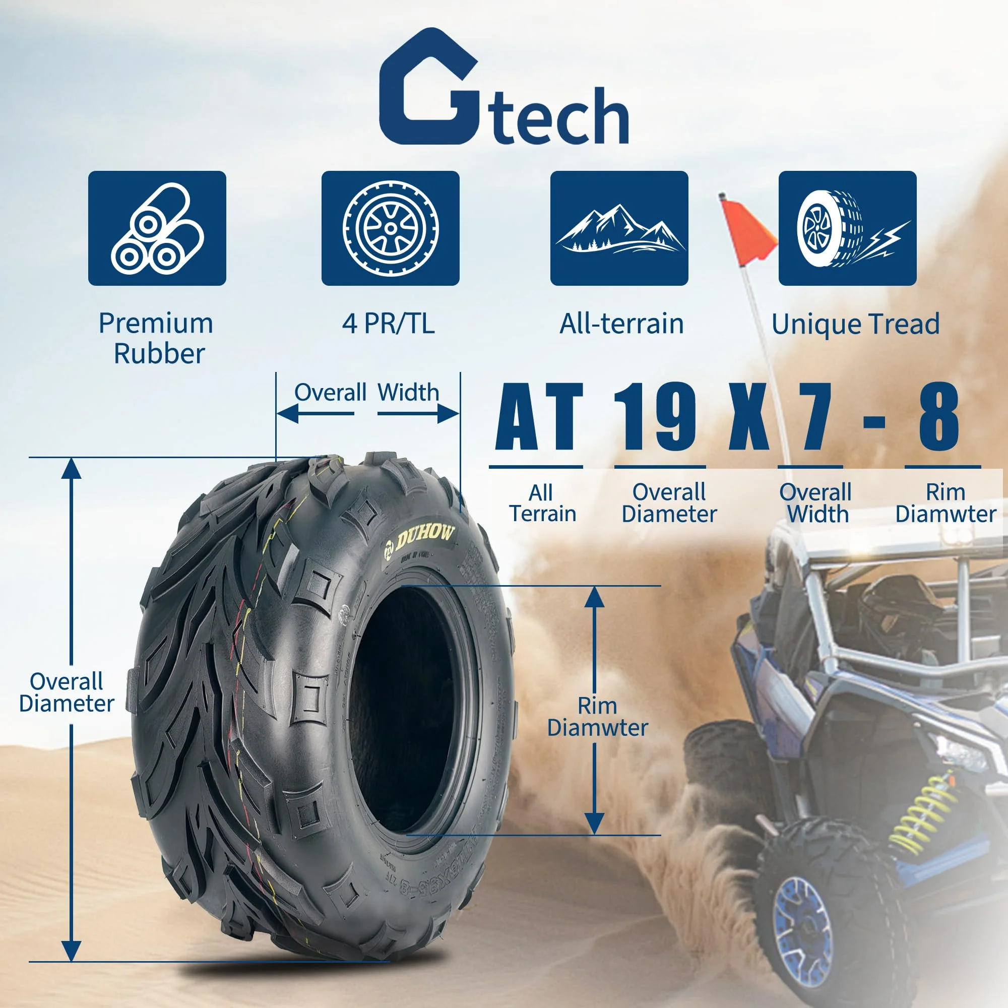 Garvee 19x7-8 ATV Tires 2-Pack, 4PR All Terrain Tubeless Off-Road Tires with Reinforced Sidewall Tread Armor, Trail Sand, Black