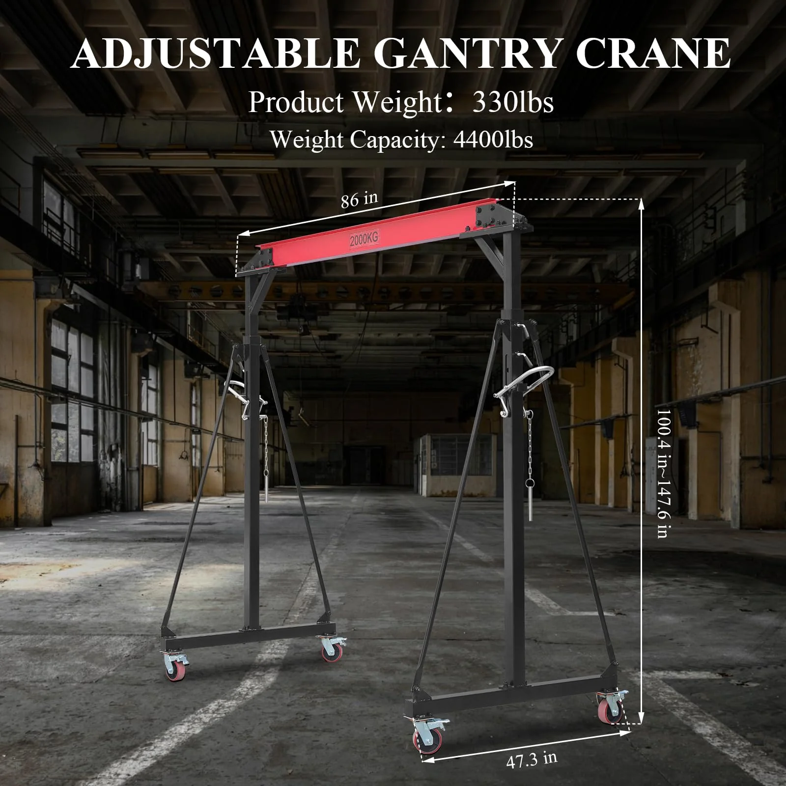 Garvee 2 Ton Adjustable Gantry Crane, 4400 lbs Capacity, Height Adjustable 100.4