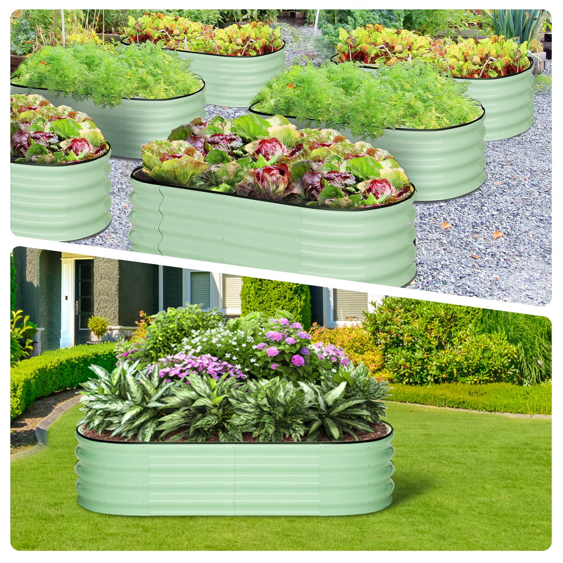 Garvee 2-Pack 4.5'x2'x2' Oval Galvanized Raised Garden Beds, Open Base Metal Planters, Large Outdoor Planter Boxes, Green