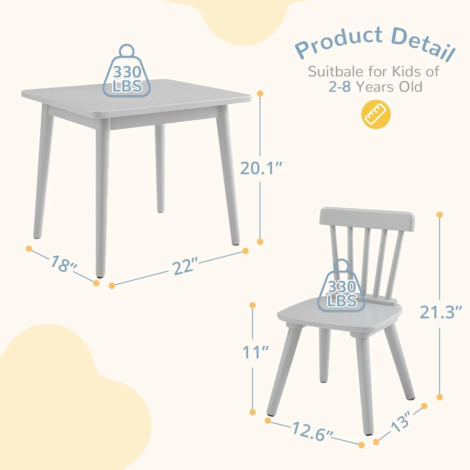 Kids Table and Chair Set - Rubberwood with Non-Slip Legs and Round Edges