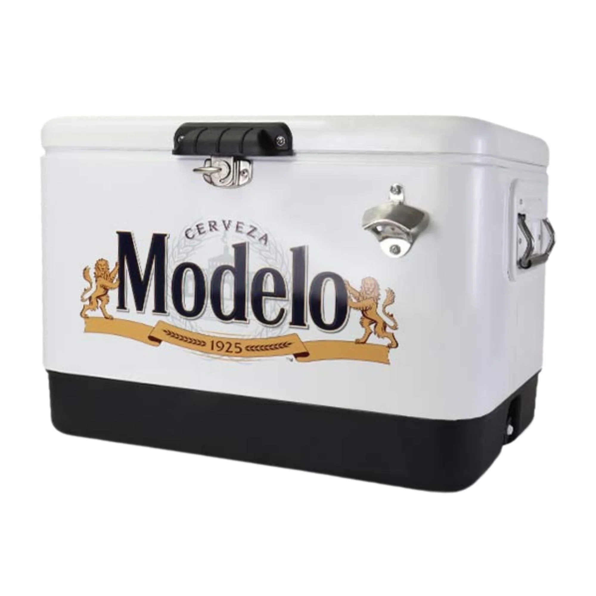 Modelo Ice Chest Beverage Cooler with Bottle Opener, 51L (54 qt), 85 Can Steel-Belted Portable Cooler, White and Black, for Camping, Beach, RV, BBQs, Tailgating, Fishing