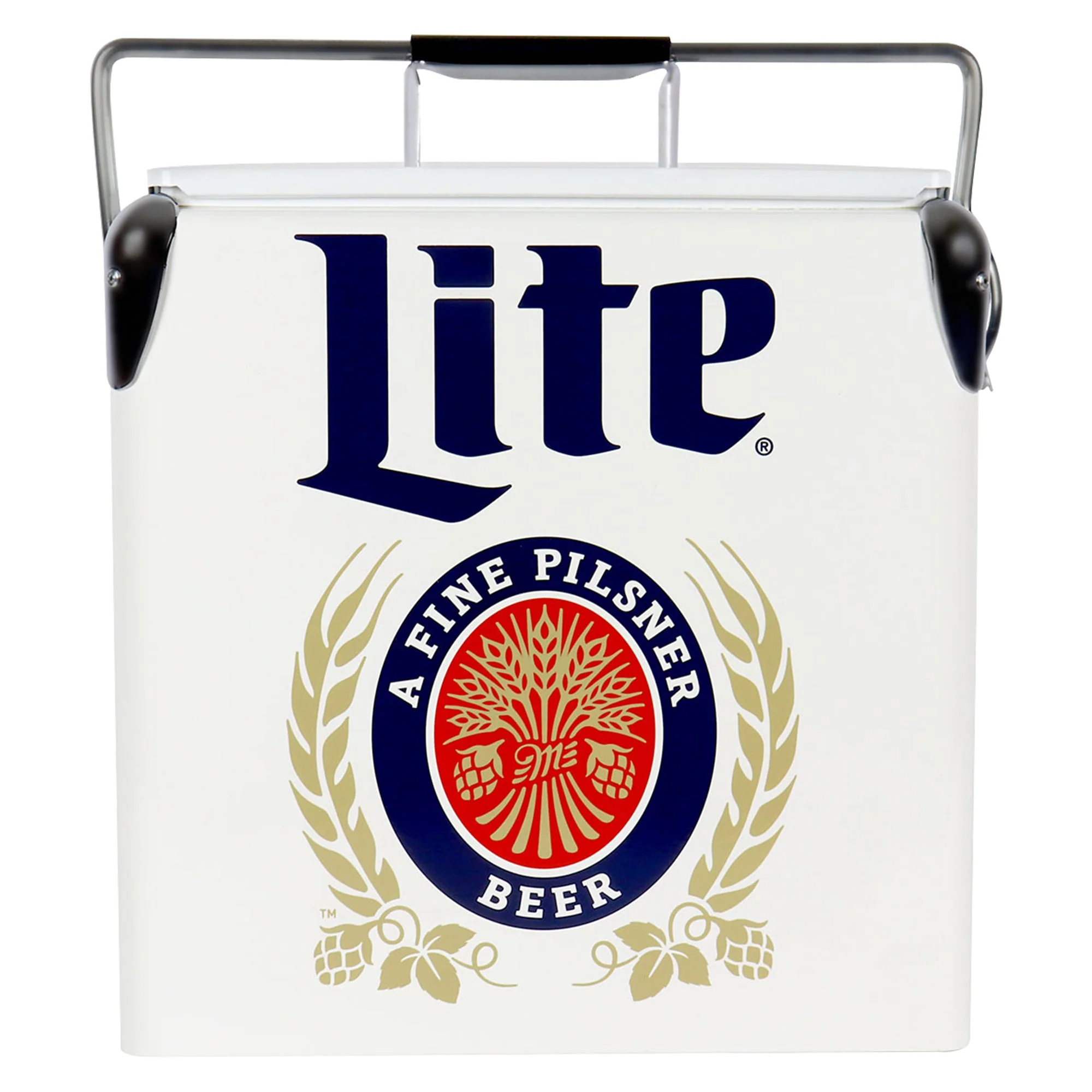Miller Lite Retro Ice Chest Cooler with Bottle Opener 13L (14 qt), 18 Can Capacity, Blue and Red, Vintage Style Ice Bucket for Camping, Beach, Picnic, RV, BBQs, Tailgating, Fishing