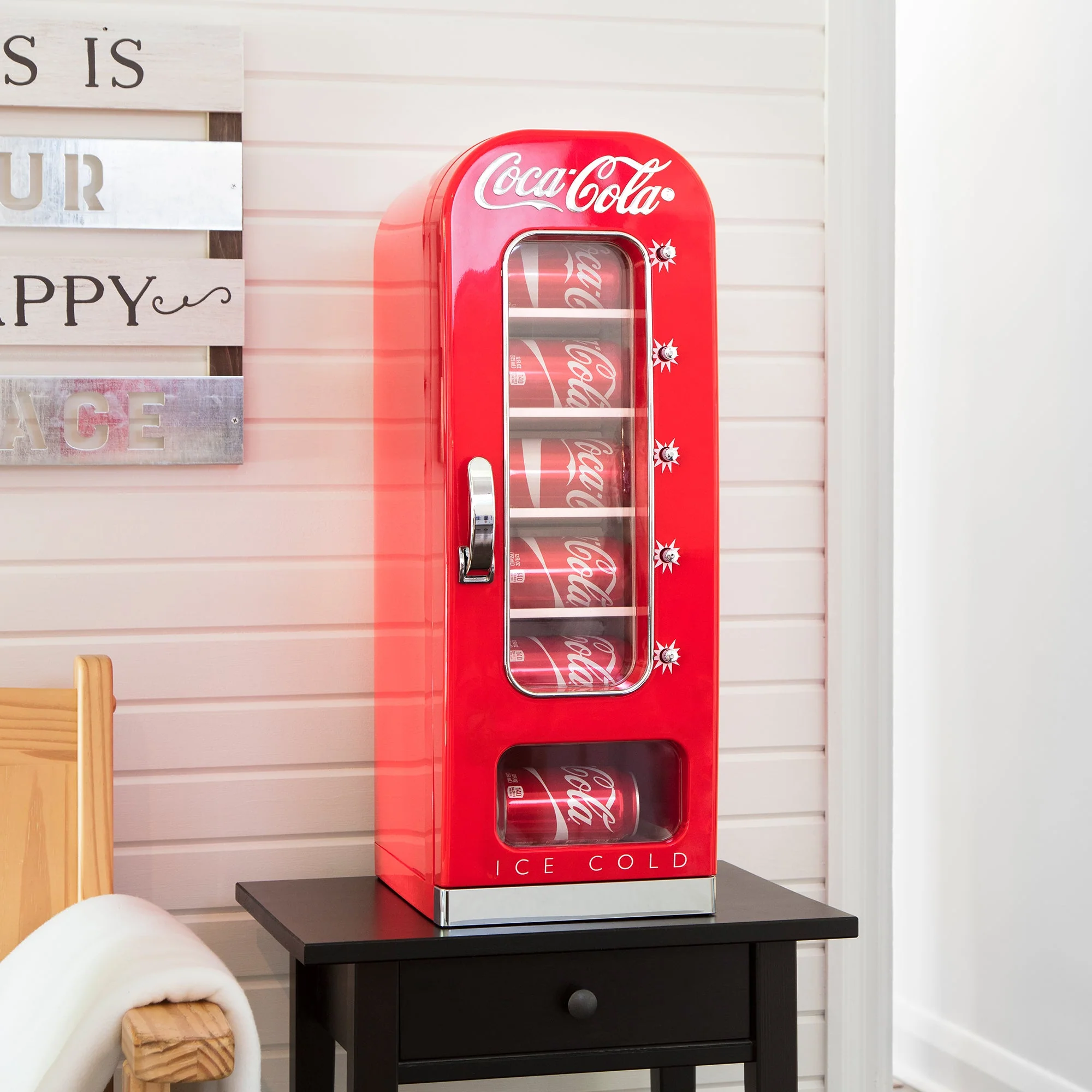 Coca-Cola Vending Machine Mini Fridge w/ 12V DC 110V AC Cords, 10 Can Cooler w/ Display Window and Push-Button Vending Action, Red, Unique Portable Beverage Fridge for Soft Drink Cans