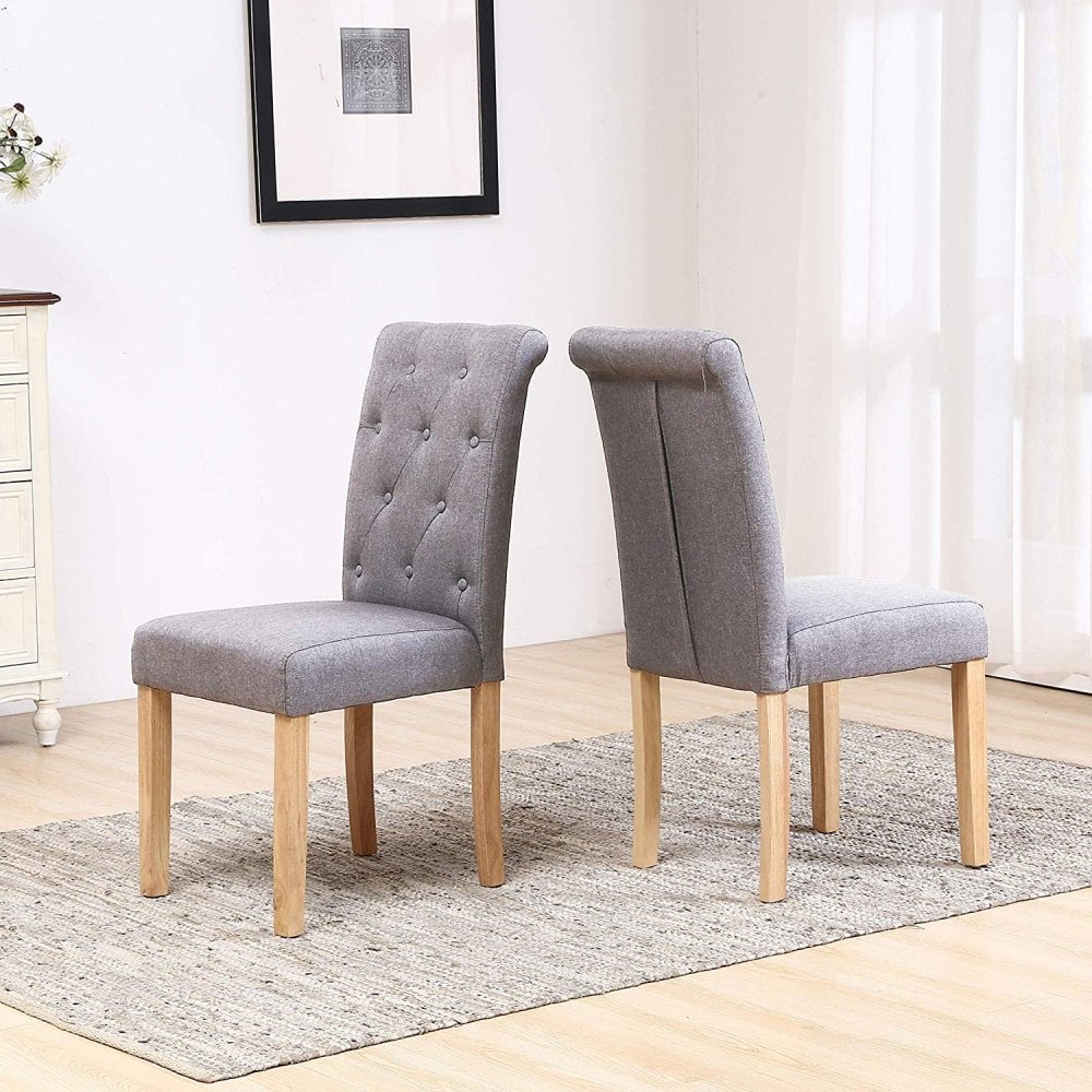 Set of Two Neo Grey Fabric High Button Back Roll Top Dining Table Chairs