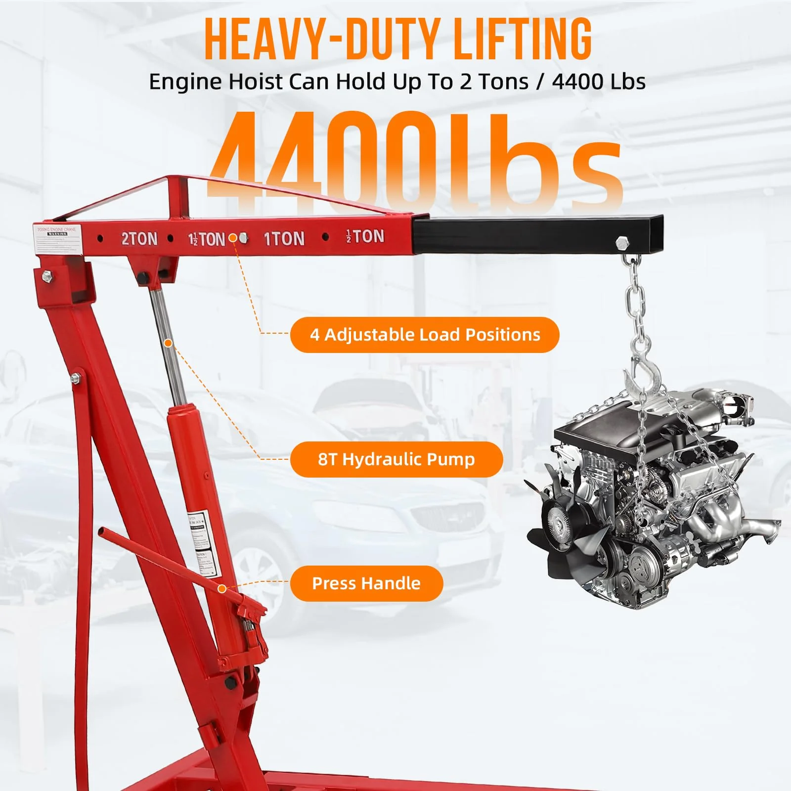 Garvee 2 Ton Engine Hoist Engine Picker with 4 Adjustable Load Positions Foldable Carbon Steel Hydraulic Lift 4400 Lbs Wheels Garage Workshop