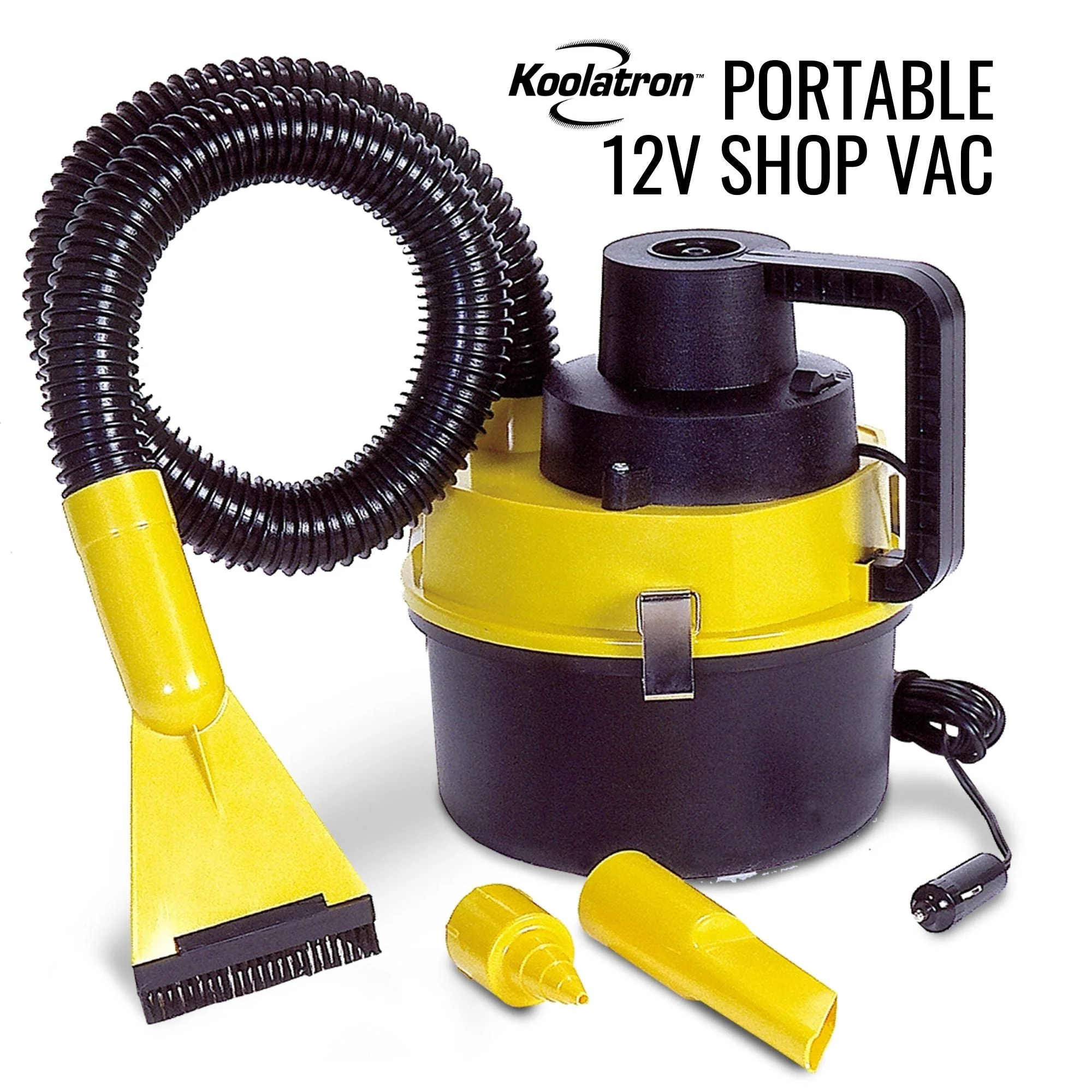Koolatron 12V Portable Wet/Dry Canister Vacuum + Inflator, 1 Gal Shop Vac and Air Compressor w/ 4 Nozzle Attachments, Yellow/Black, 15 ft/4.5 m Cord, Interior Detailing for Car, Truck, Van, SUV