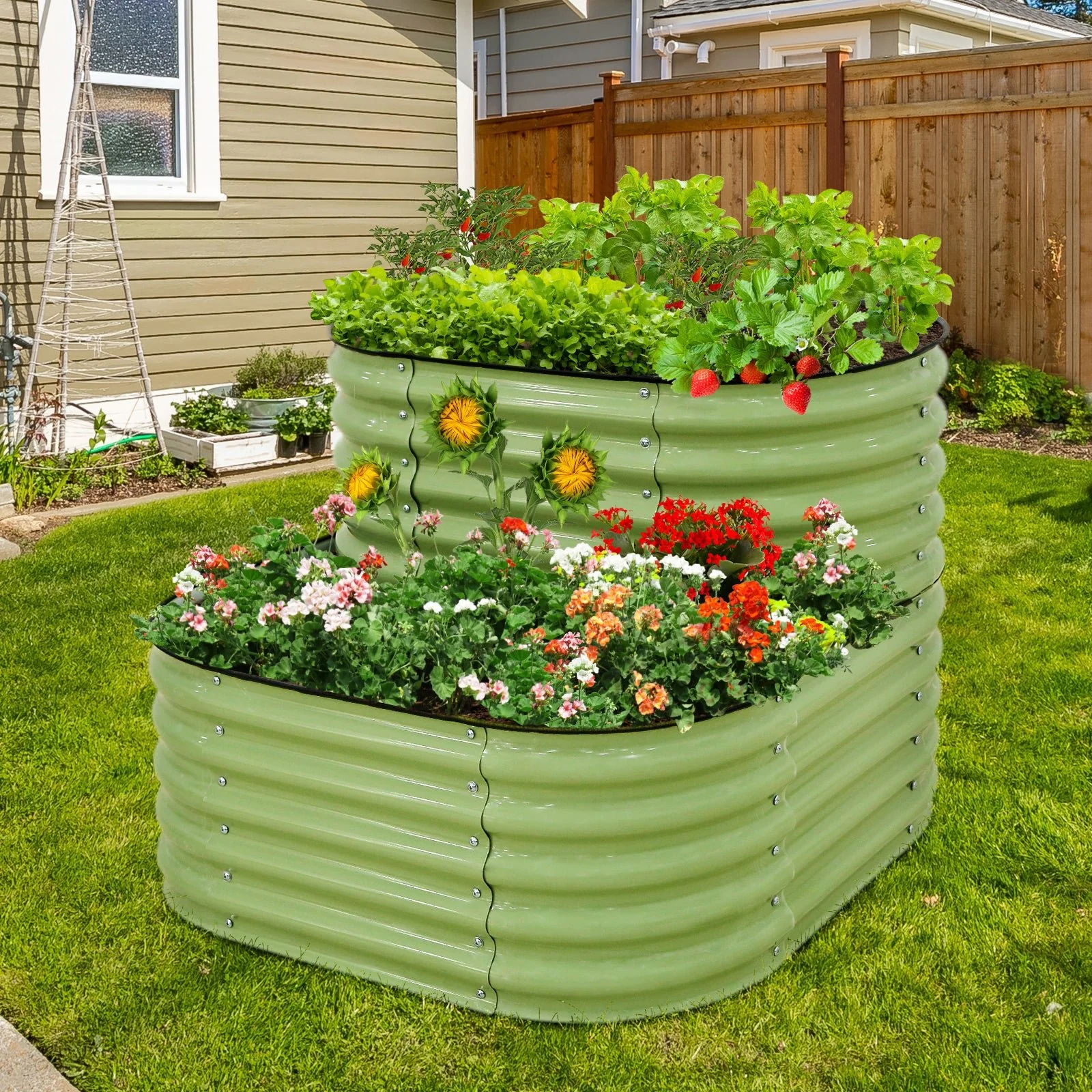 2-Tier Raised Garden Bed Planters, Coated Metal Raised Bed