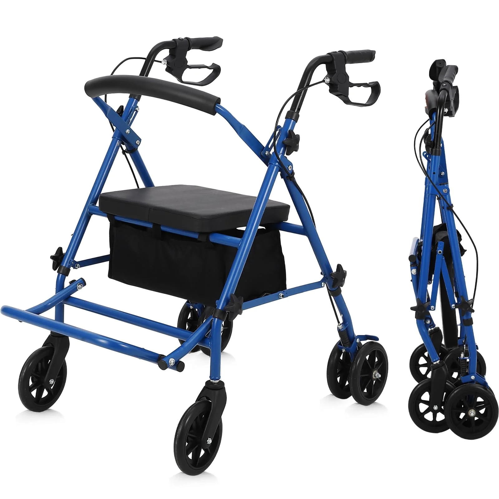 Garvee 2-in-1 Rollator Walker & Transport Wheelchair | 300lbs Capacity | Adjustable Height Mobility Aid for Seniors with Padded Seat & Foldable Footrest, Blue