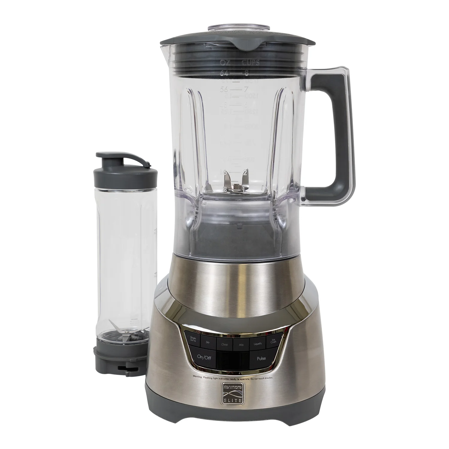 Kenmore Elite 1.3 HP 64 oz Blender With 20 oz Single-Serve Blending Cup, Powerful Ice-Crushing Motor, 8-Cup (1.9L) Tritan Pitcher, 20 oz (600 mL) Travel Cup with To-Go Lid, Grey and Stainless Steel
