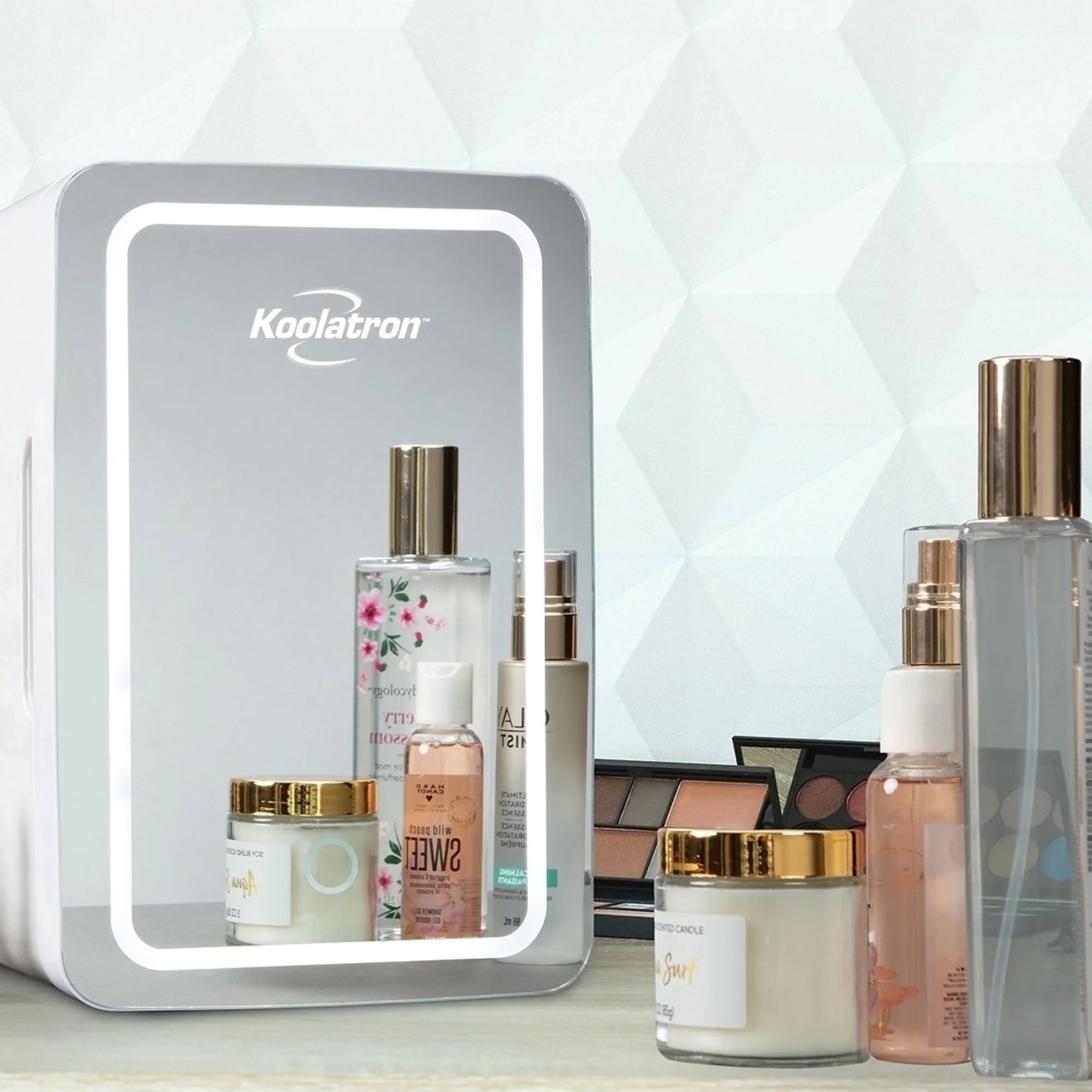 Koolatron Cosmetics Fridge w/ Lighted Makeup Mirror, 6L Portable Compact Refrigerator w/ LED Ring Light, 12 Volt DC and 110 Volt AC Cords for Skincare, Beauty Serum, Face Mask, Home, Travel, Hotel, Dorm, Office