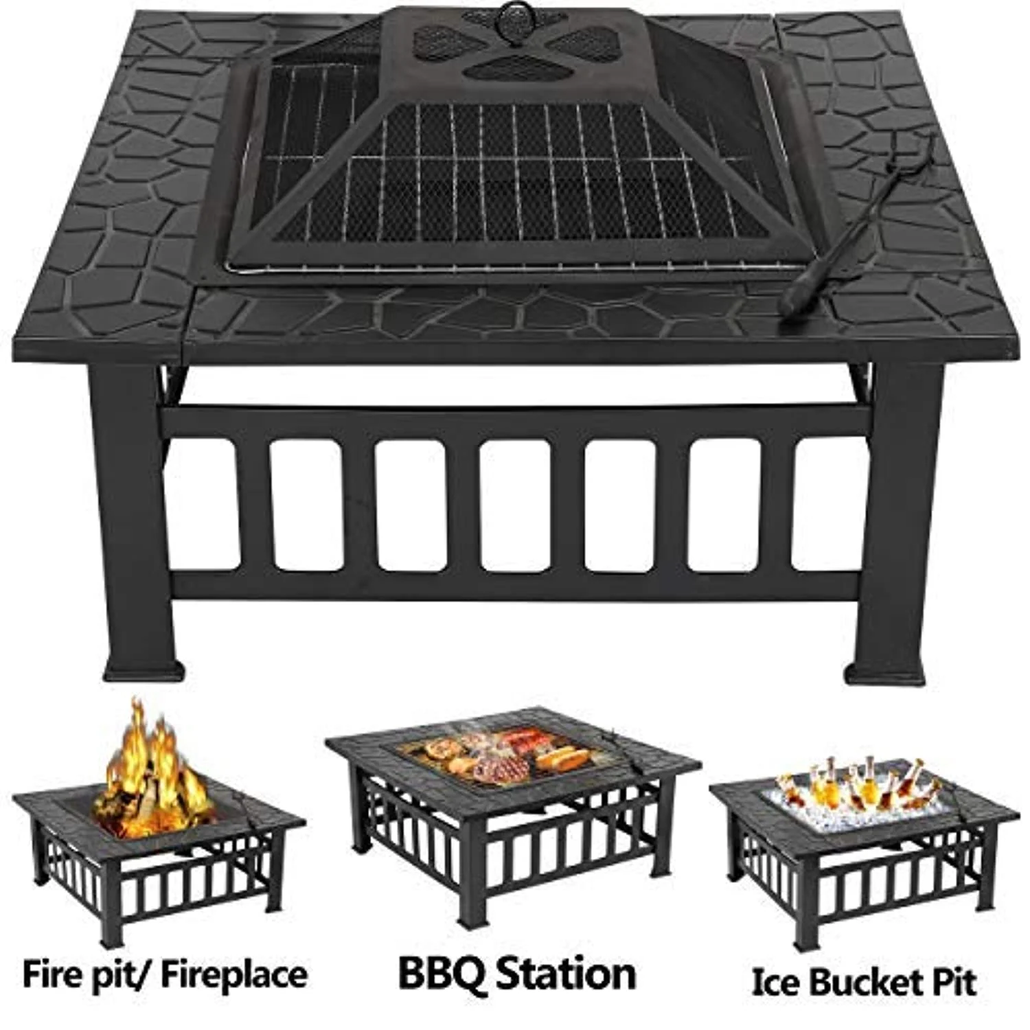 32 inch Outdoor Square Metal Firepit Backyard Patio Garden Stove Wood Burning BBQ Fire Pit with Rain Cover
