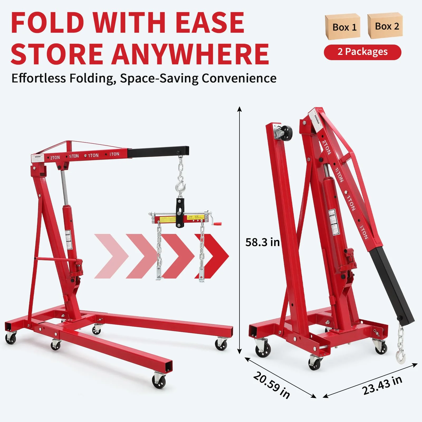 Garvee 2-Ton Folding Engine Hoist Cherry Picker 4400 Lb Hydraulic Telescoping Boom Steel Red Garage Repair