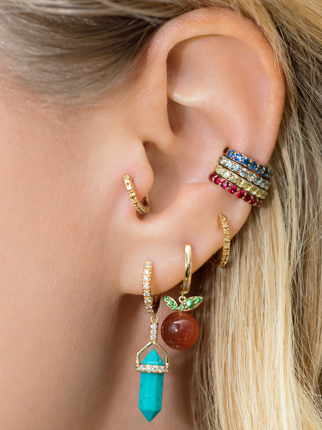 Diamond Prism Large Huggie - White Diamond and Turquoise / 14k Yellow Gold