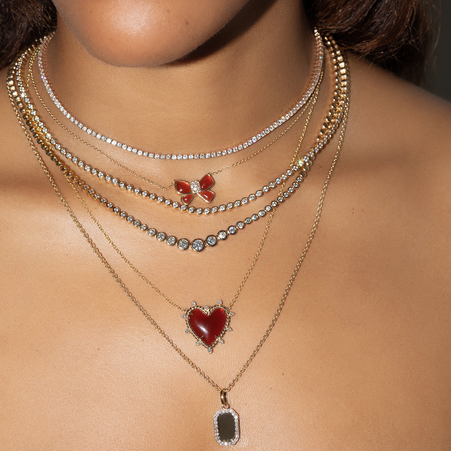 Hand Carved Bow Necklace - White Diamond and Red Agate / 14k Yellow Gold