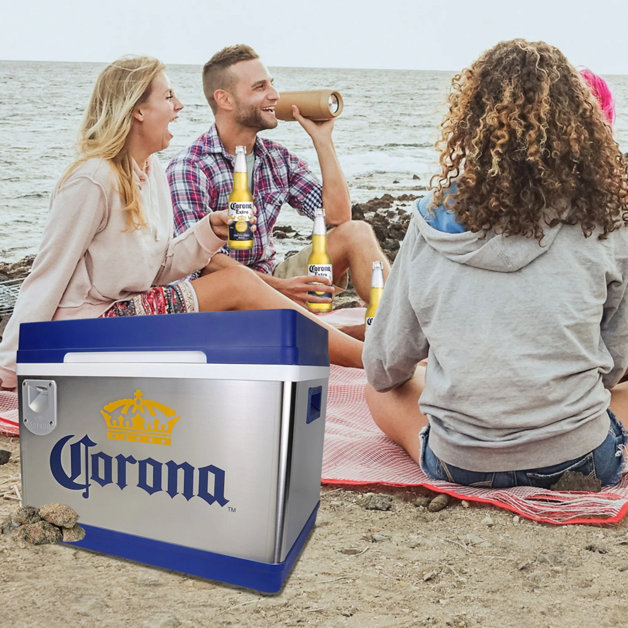 Corona Cruiser Thermoelectric Iceless 12V Cooler w/ Bottle Opener, 42L (44 qt), 24 Bottle Capacity Portable Car Fridge, 12 Volt DC and 110 Volt AC Cords, Silver and Blue, Cottage, Beach, RV, BBQ