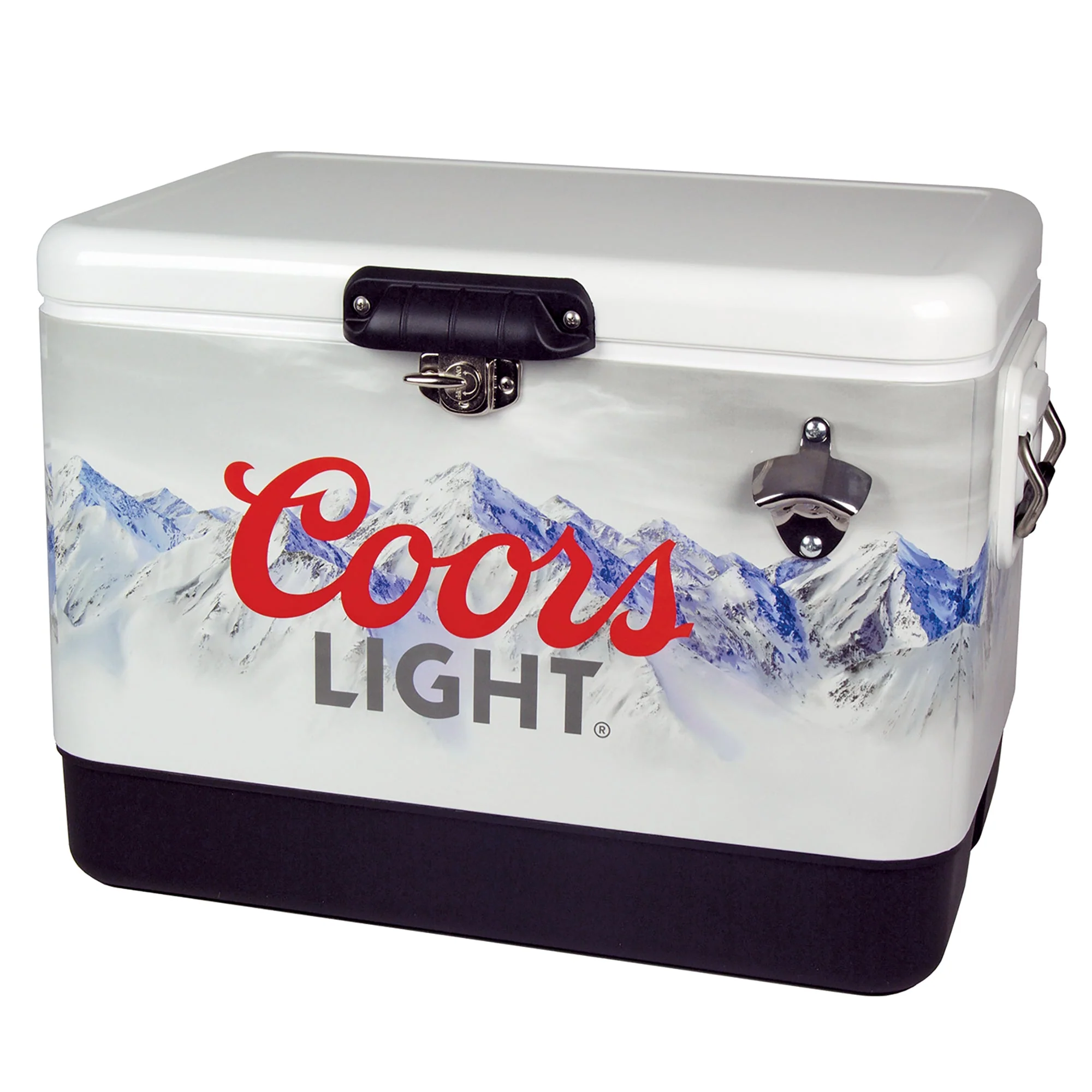 Coors Light Ice Chest Beverage Cooler with Bottle Opener, 51L (54 qt), 85 Can Steel-Belted Portable Cooler, White and Black, for Camping, Beach, RV, BBQs, Tailgating, Fishing