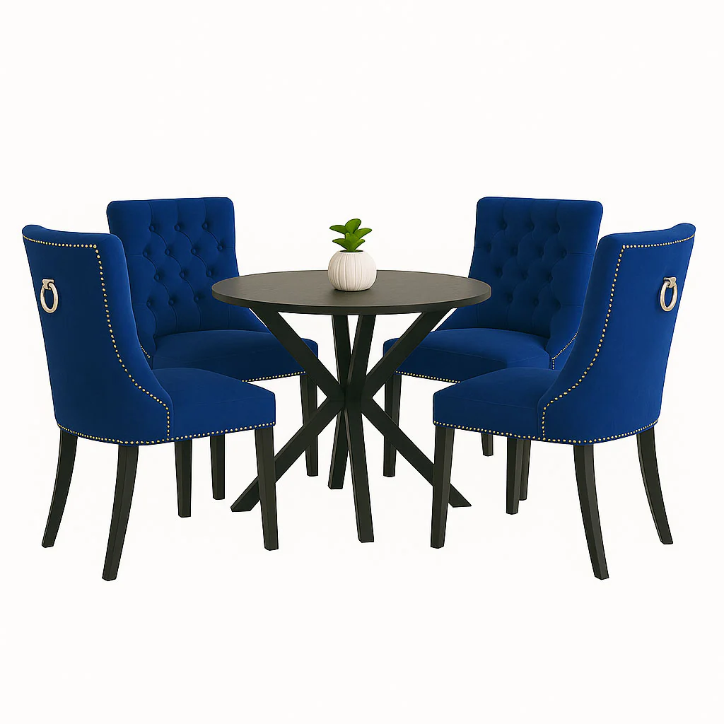 Neo Set Of Four Midnight Blue Studded Velvet Dining Chairs with Ring Knocker Detail