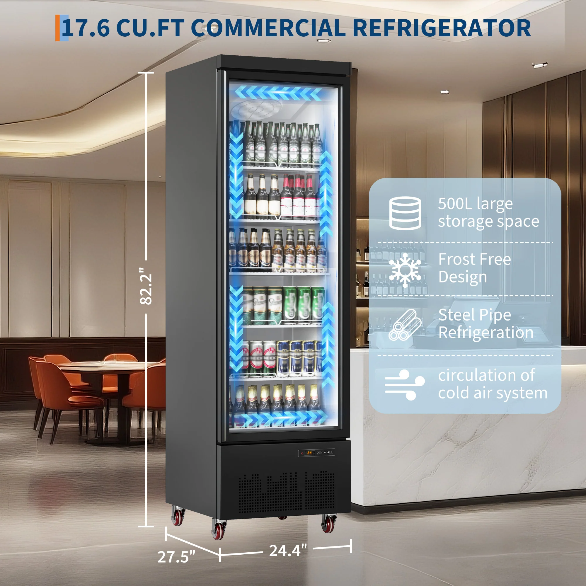 Garvee 17.6 Cubic Feet Commercial Refrigerator With Glass Door And Led Light For Shop And Restaurant Black