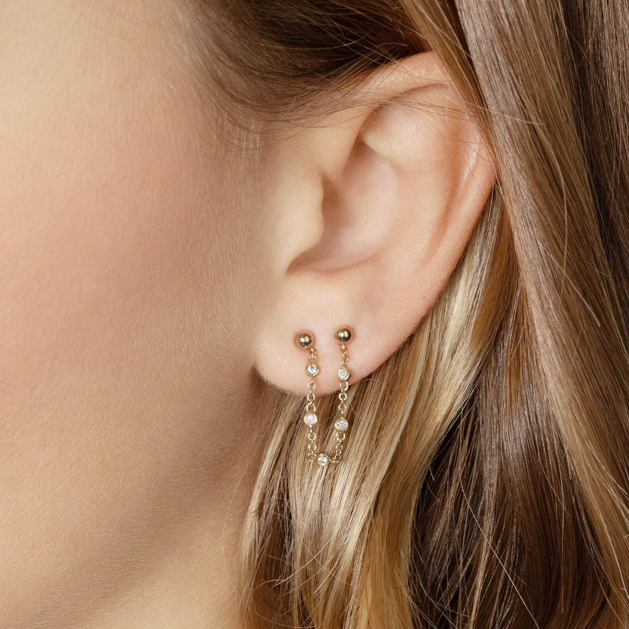 Connected Sphere Stud Earring - White Diamond / 14k Yellow Gold