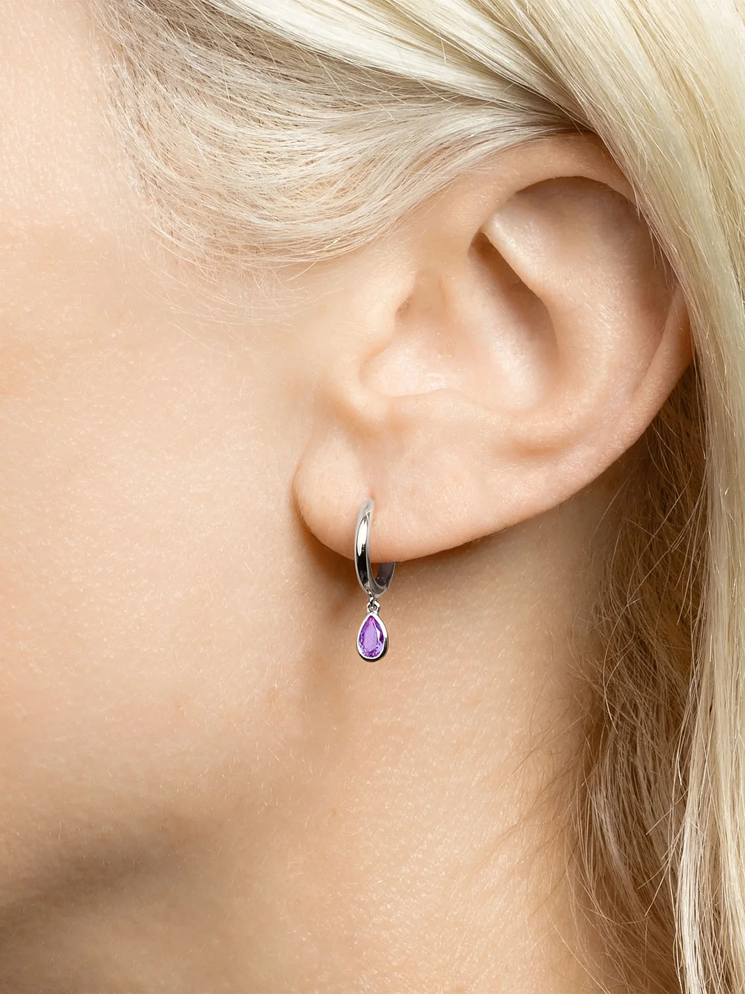Teardrop Slim Hoop - Amethyst / 14k White Gold