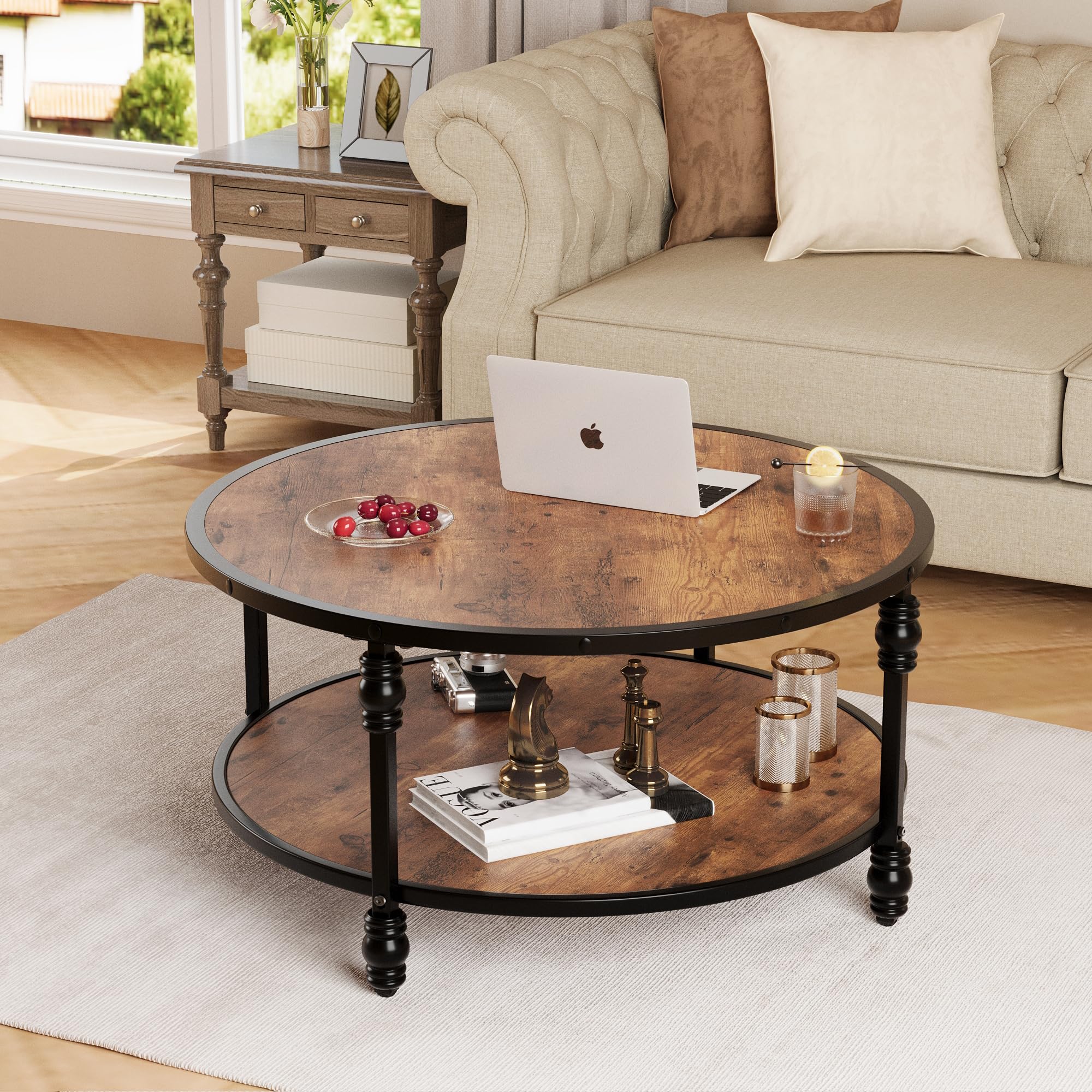 Garvee 2-Tier Coffee Table Vintage Coffee Table with Wood Grain Design Stable Coffee Table with Thickened Roman Column Metal Legs Elegant Coffee Table for Living Room (Diameter 34.5 inches)
