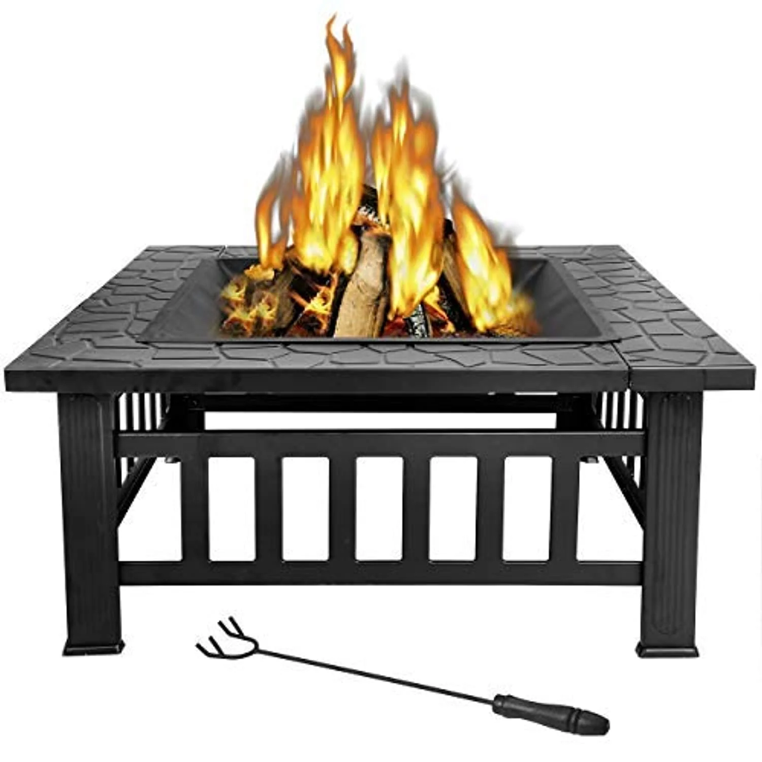 32 inch Outdoor Square Metal Firepit Backyard Patio Garden Stove Wood Burning BBQ Fire Pit with Rain Cover