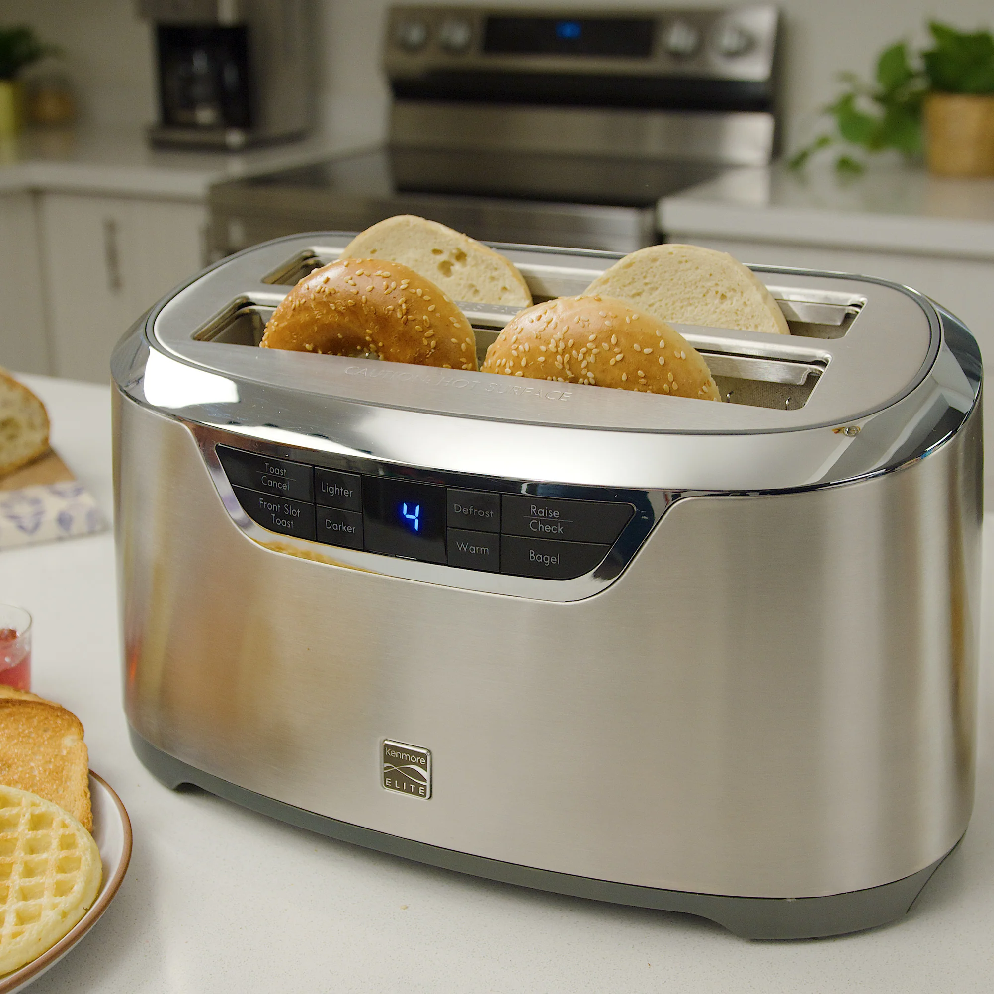Kenmore Elite 4-Slice Long Slot Toaster Silver, One-Touch Auto-Lift, Stainless Steel, Adjustable Browning, Defrost, Digital Countdown Timer, Retractable Cord, Toast, Bagels, Waffles, English Muffins