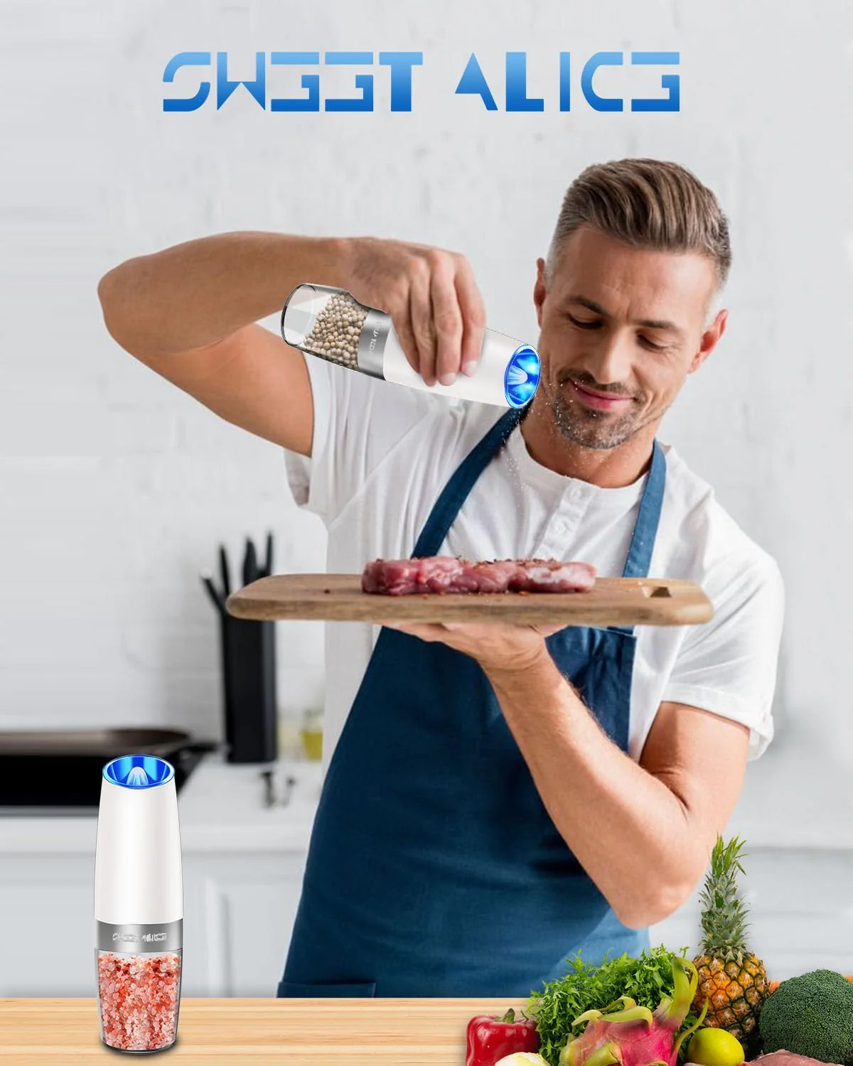 Electric Salt & Pepper Grinder Set, Adjustable Coarseness, LED, One-Hand Use, Stainless Steel 2-Pack