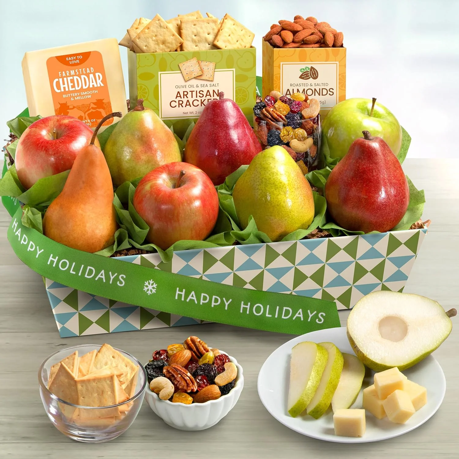 Happy Holidays Fresh Fruit Basket with Cheese and Nuts
