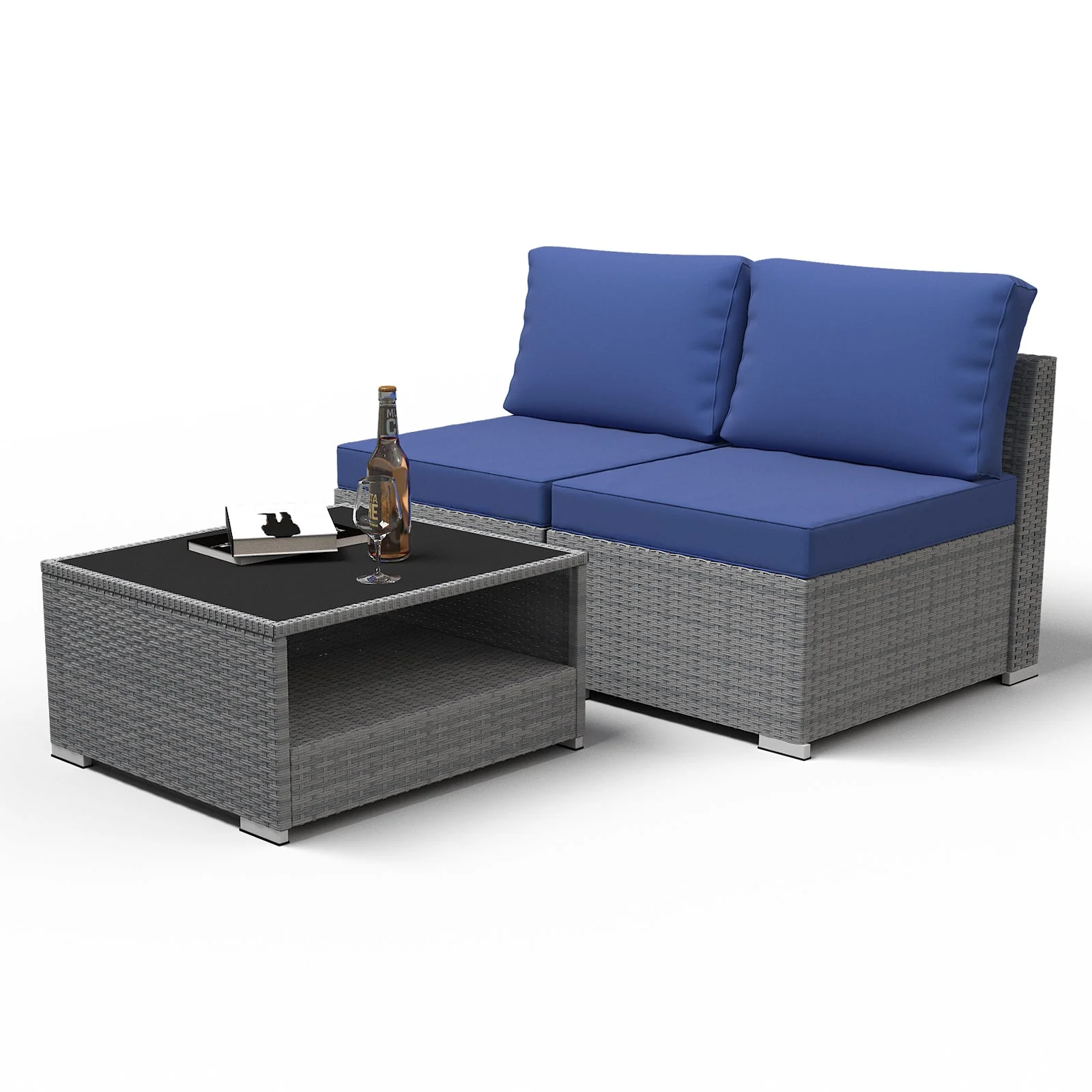 3 Piece Outdoor Patio Armless Chairs with Coffee Table, Sectional Wicker Loveseat Sofa
